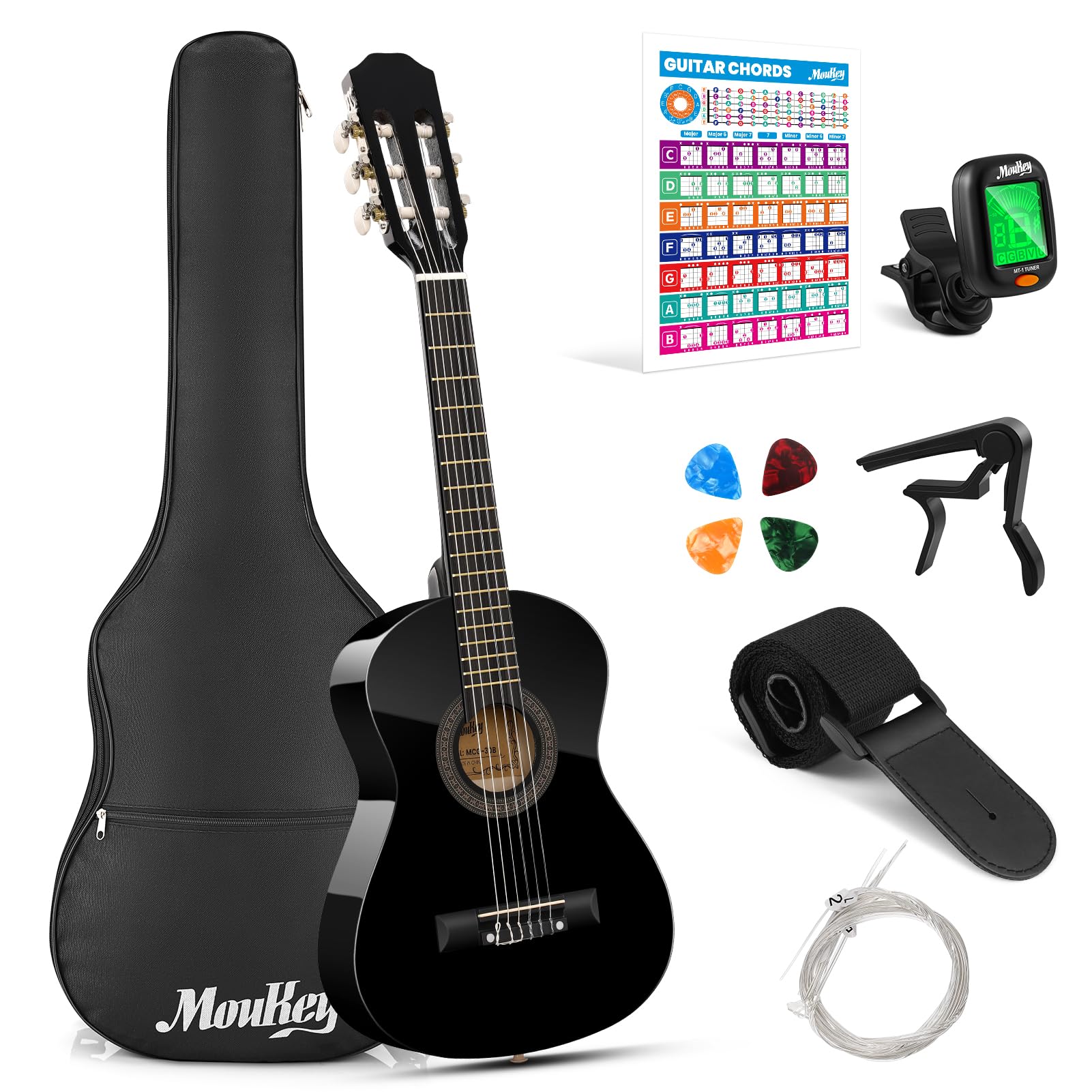Moukey 30" Acoustic Guitar for Beginner Junior Youth 1/4 Teen Size Nylon String Classical Guitarra Acustica with Chord Poster, Gig Bag, Tuner, Picks, Nylon Strings, Capo, Strap - Black