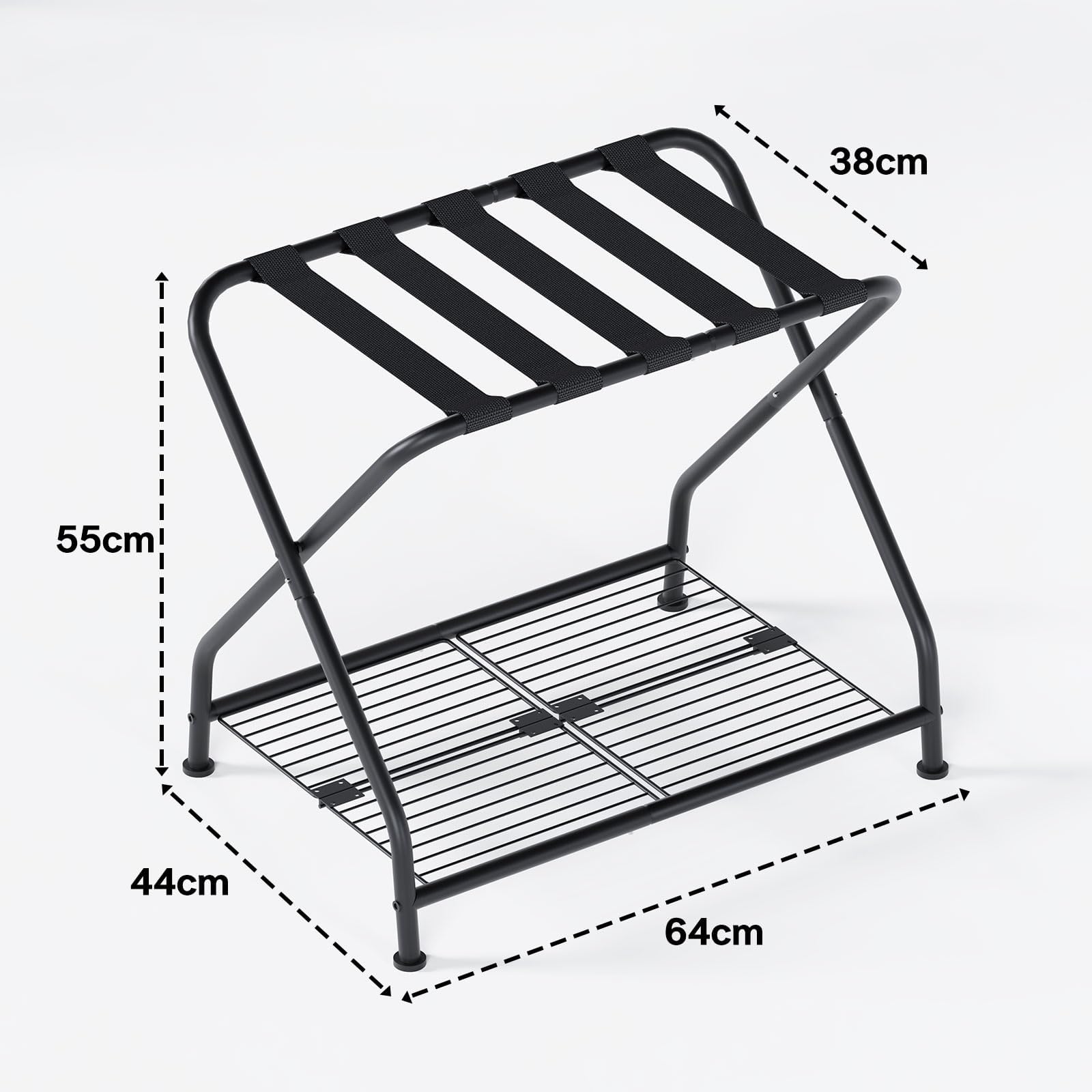 Lot de 2 porte-bagages pliables avec étagère - En métal - 64 x 44 x 55 cm - Peu encombrant - Pour chambre à coucher, chambre d'amis, hôtel - Noir