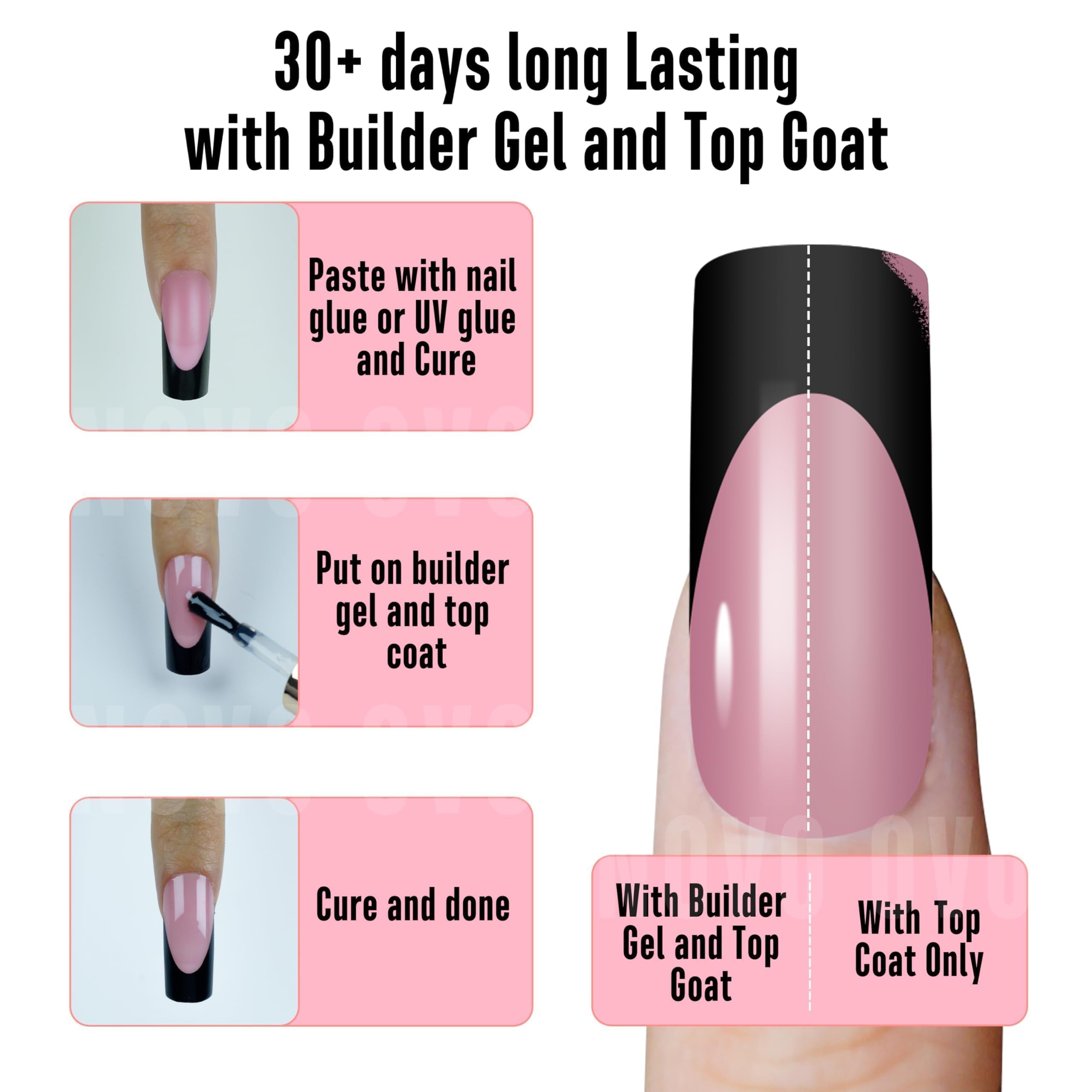NOVO OVO Halloween Black French Tip Nail Tips BERRY PINK Medium Slightly Curved Full Cover for Press on Acrylic Extra Thick Soft Gel False Nail - Image 3