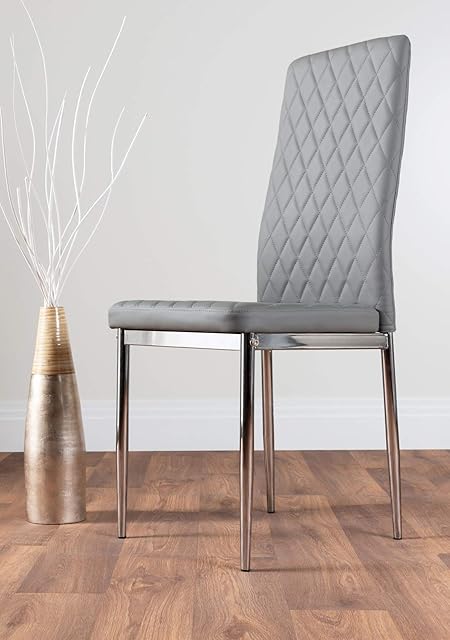Furniturebox UK Milan 4/6 Modern Stylish Chrome Hatched Diamond Faux Leather Dining Chairs Seats Set (4x Grey Milan Chairs)
