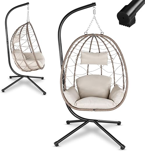 Juskys Hängesessel Aria mit Gestell höhenverstellbar, faltbar & komfortabel - Outdoor & Indoor - bis 130 kg - Polyrattan Korbhängesessel inkl. Kissen - Beige