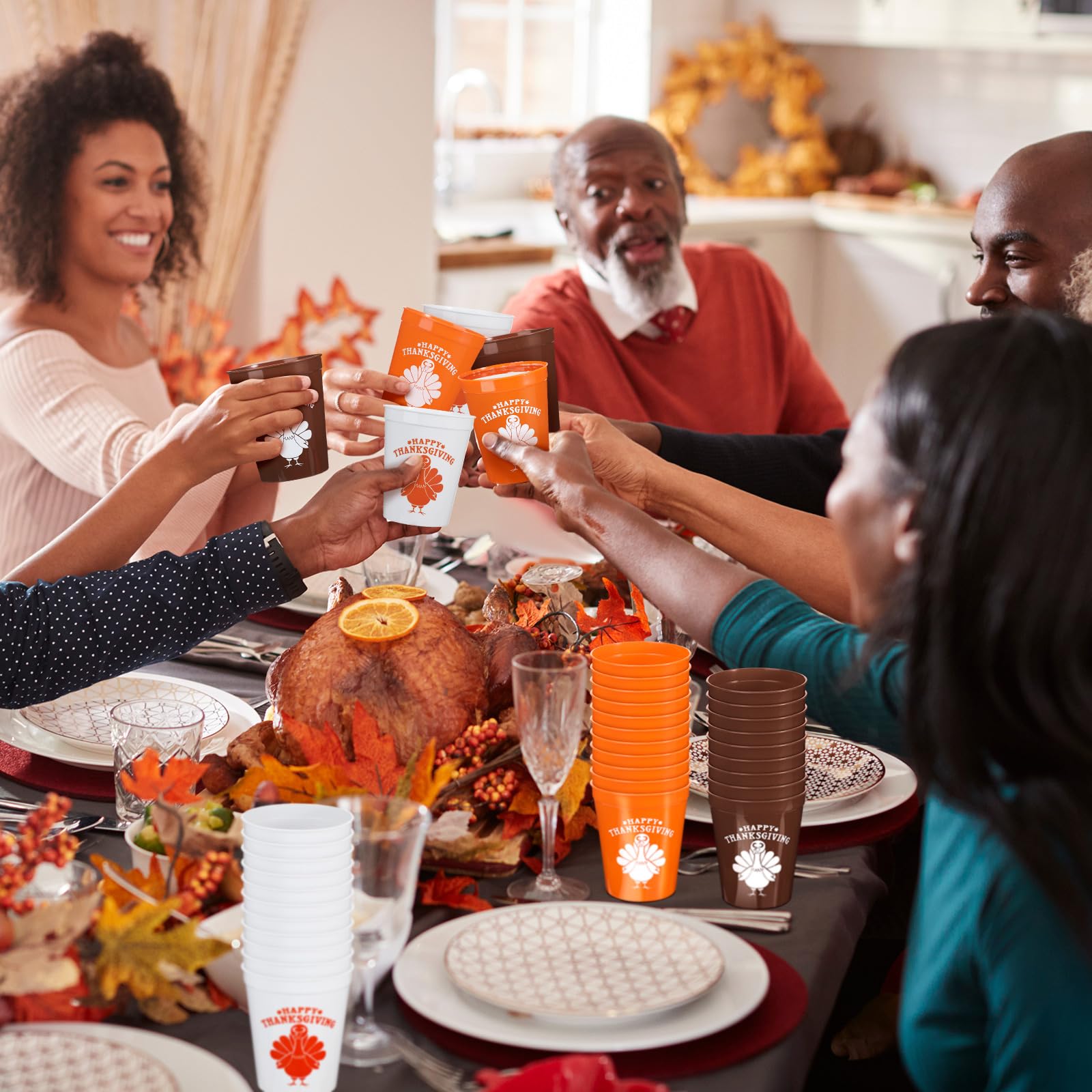 Tioncy 60 Stück Thanksgiving-Partybecher, orange-weiß, Kaffee, Truthahn, Kunststoff, wiederverwendbar, 340 ml, Becher für Thanksgiving, Abendessen, Geburtstag, Party, Zubehör, Trinkgeschirr, Bier,