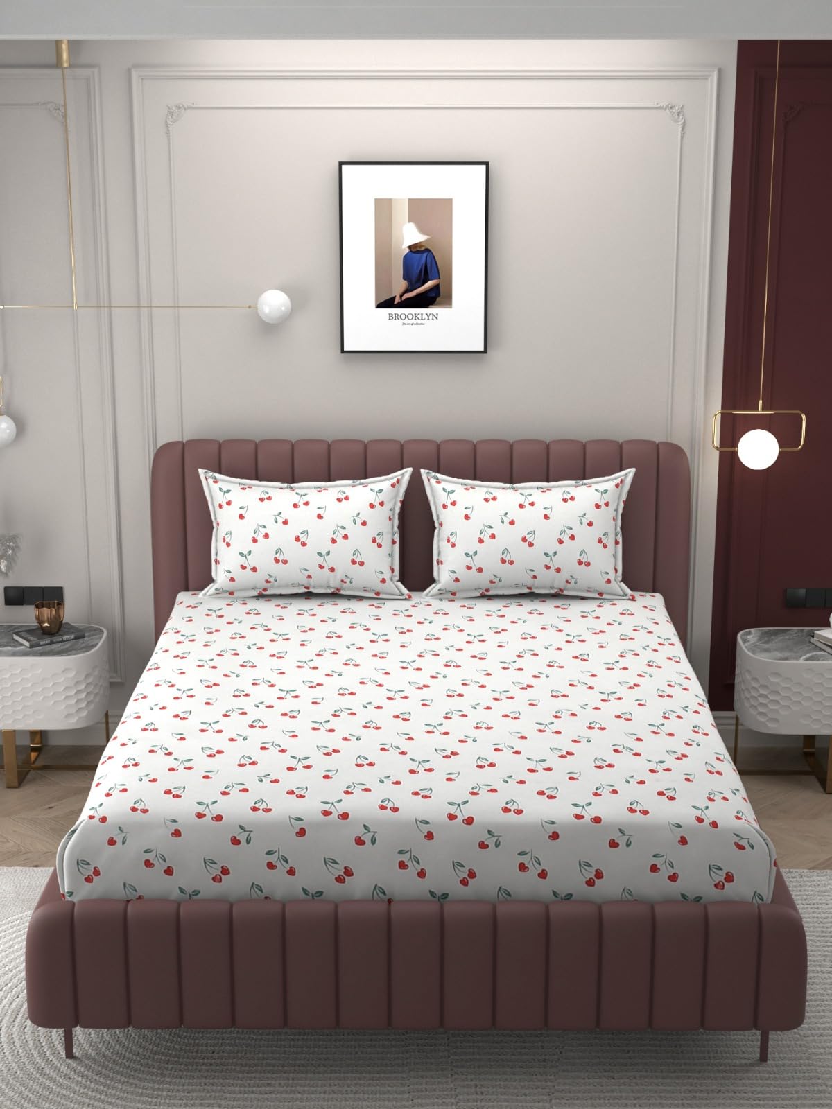 300 TC Cotton Elastic Fitted Bedsheet with 2 Pillow Case Set, 72X78X6 Inches - Super Soft, Wrinkle-Resistant, Snug Fit - for Cozy & Comfortable Sleep - (White Red Cherry Fitted)-image-1