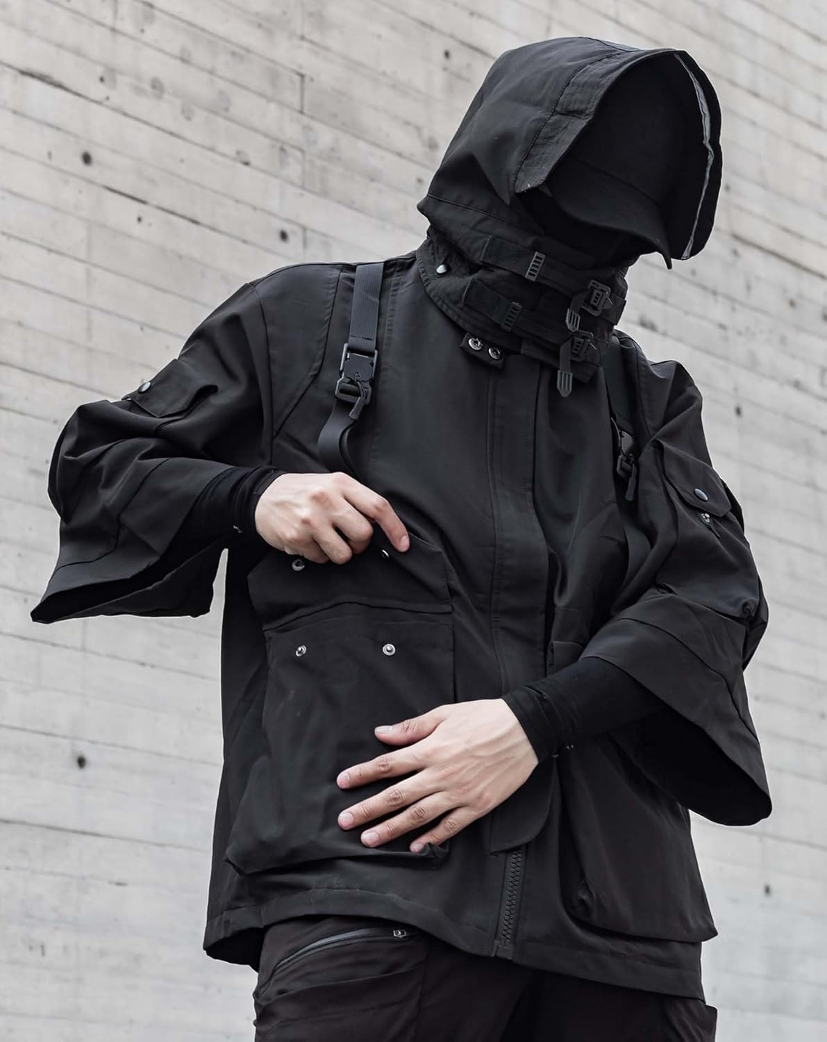 Niepce Inc Japanese Streetwear Techwear Men’s 3/4 Sleeve Jacket with Hood - Image 2