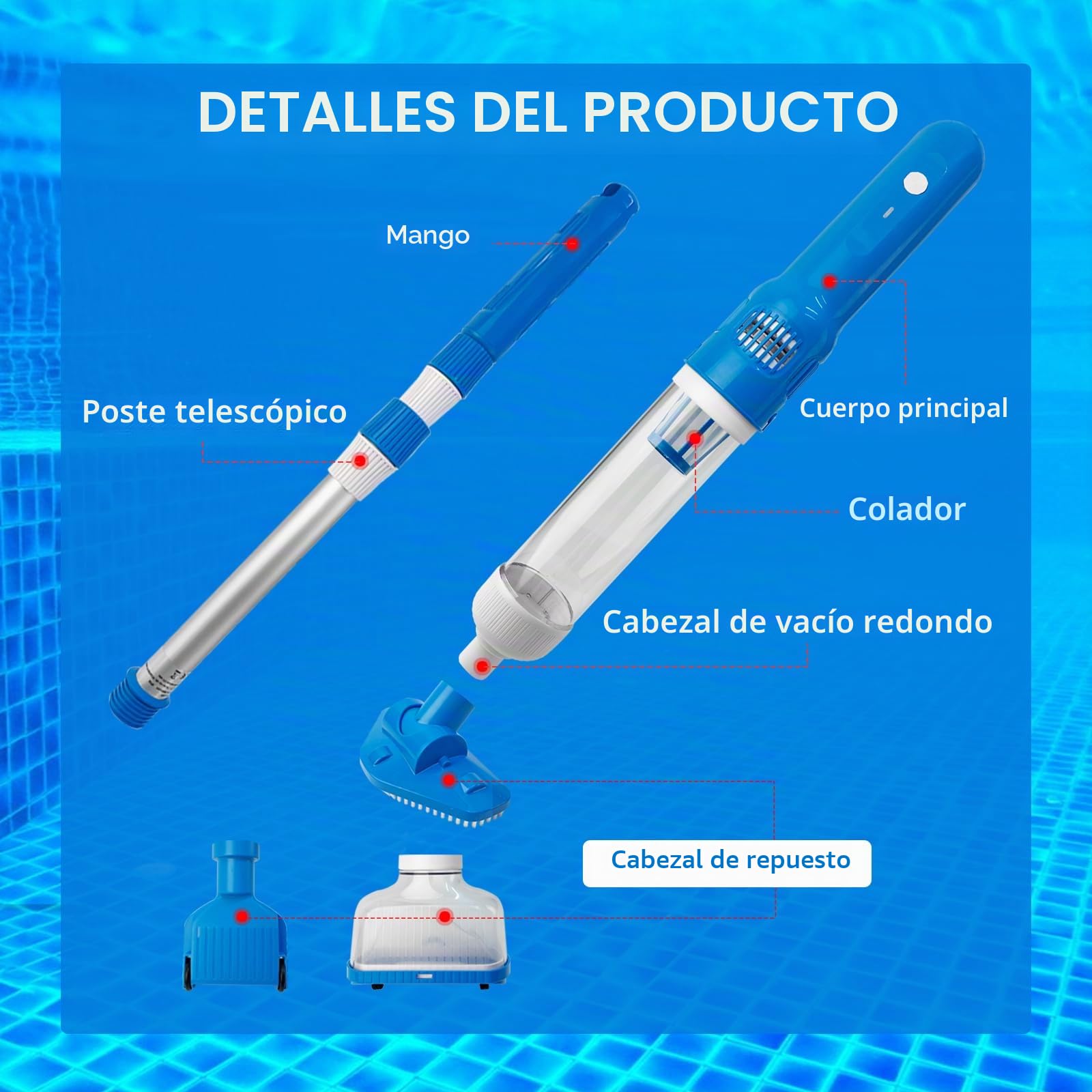 Aspirador de Piscina a Bateria, 3 en 1 Aspirador de Piscina Manual Portátil con Mango Telescópico, Limpiafondos Eléctrico de Piscina para SPA, Jacuzzi, Piscina Pequeñas