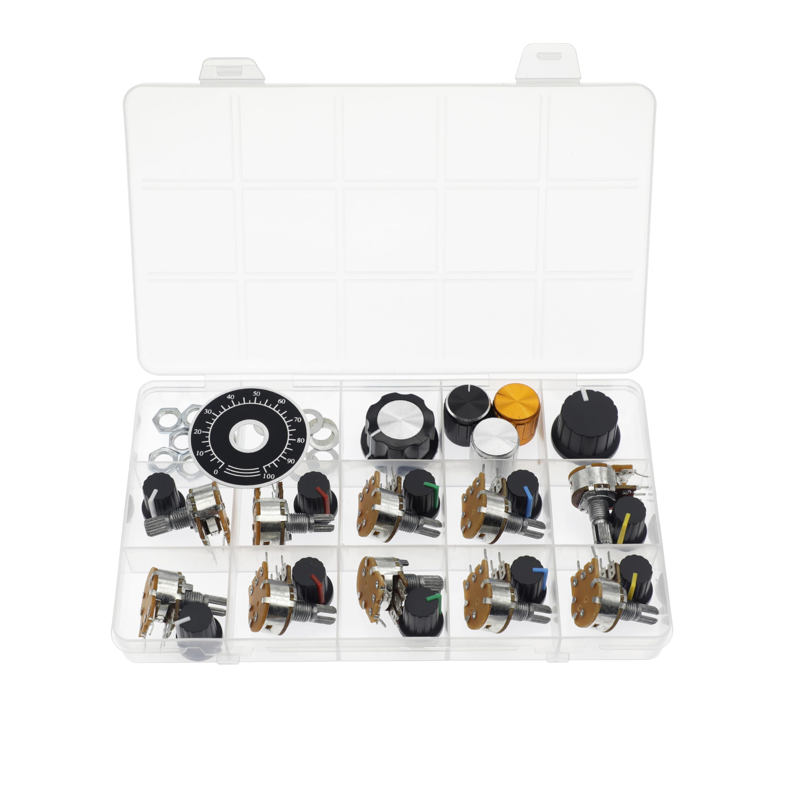 (Paquet de 10) WH148 Potentiomètre horizontal simple tour à 5 broches avec interrupteur B100K 100K Ohm Résistances variables Axe moleté de 15mm Capuchons de bouton en alliage d'aluminium