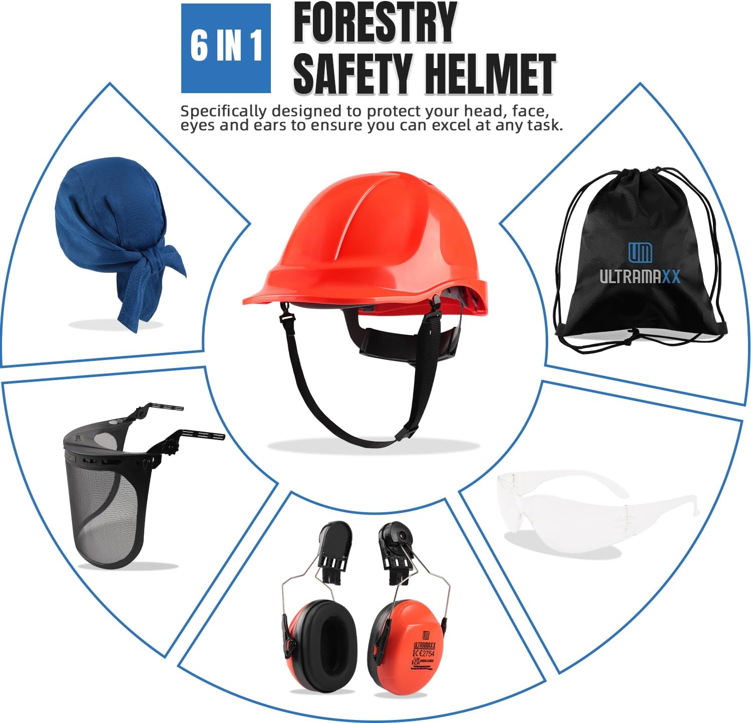 6-in-1 Chainsaw Helmet with Mesh Face Shield and Hearing Protection Ear Muffs, Forestry Safety Hard Hat Kits, ANSI Z89.1 Approved Certified Arborist Helmet, Orange