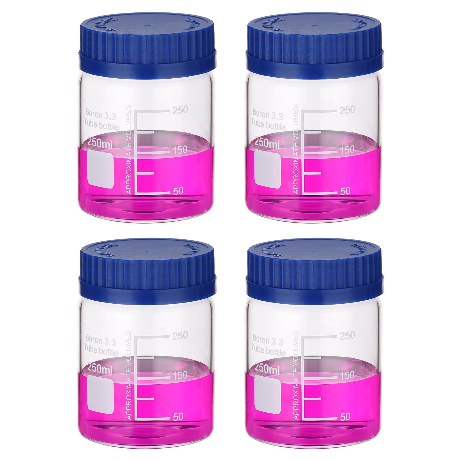 PATIKIL Confezione da 4 bottiglie rotonde per reagenti, in vetro borosilicato, 250 ml, a bocca larga, graduate, con tappo a vite GL32 blu, per liquidi reagenti d'acqua di laboratorio, trasparenti