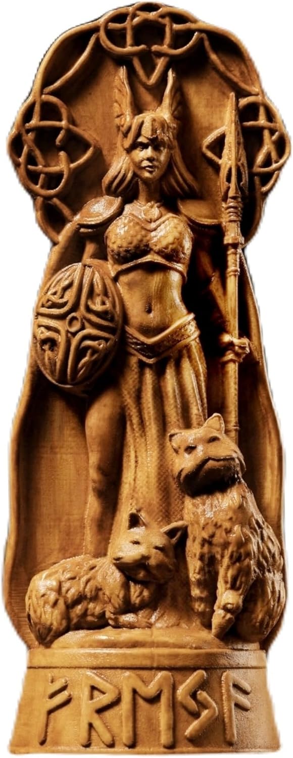 Freya Statue, Norse Pagan Decor, Goddess Statue Altar,Freya Cats， Freyja Wood Sculpture Art, Altar Crafts, Creative Desktop Decorations (Wood)