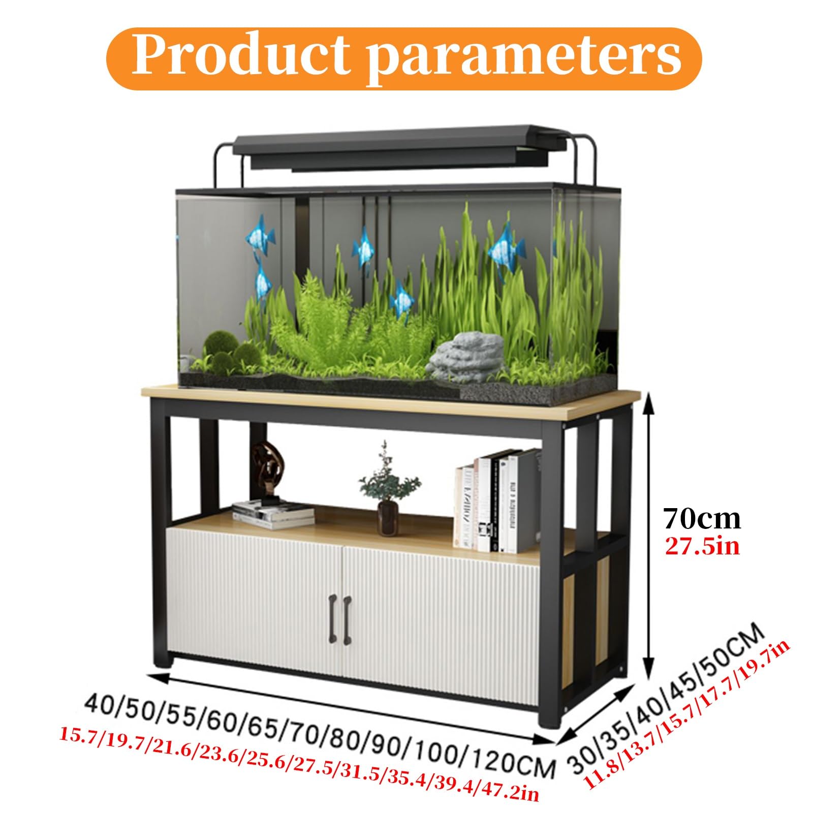 FORRTY Aquarium Mit Unterschrank, Fish Tank Rack Aquarienständer 2-stöckig, 40–120 Cm Lang, Platzsparend, Hohe Tragkraft, Mit Türen Und Ablagen, Ideal Für Wohnzimmer Und Restaurants(Black+gray,120X50X