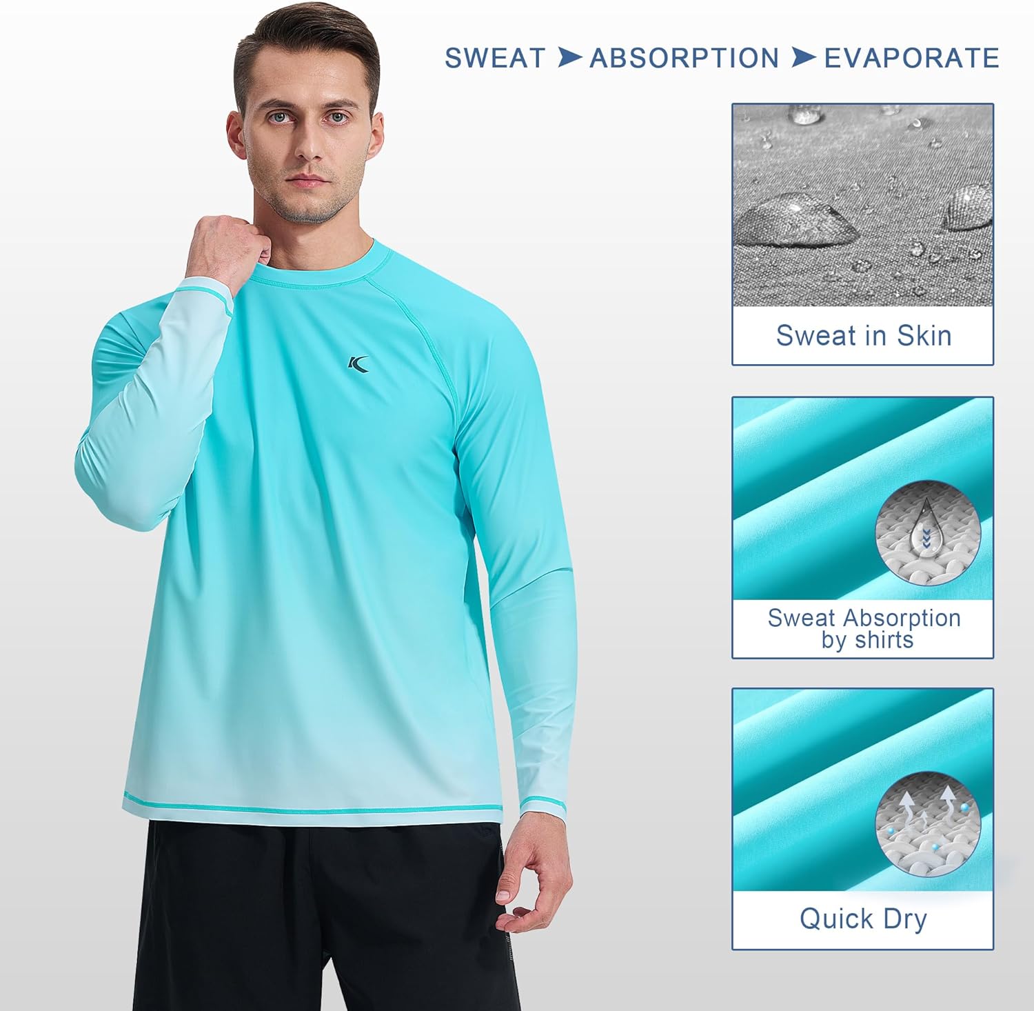 Mens Swim Shirts UPF 50+ Sun Protection Quick Dry SPF Rash Guard Outdoor Beach Fishing T Shirts