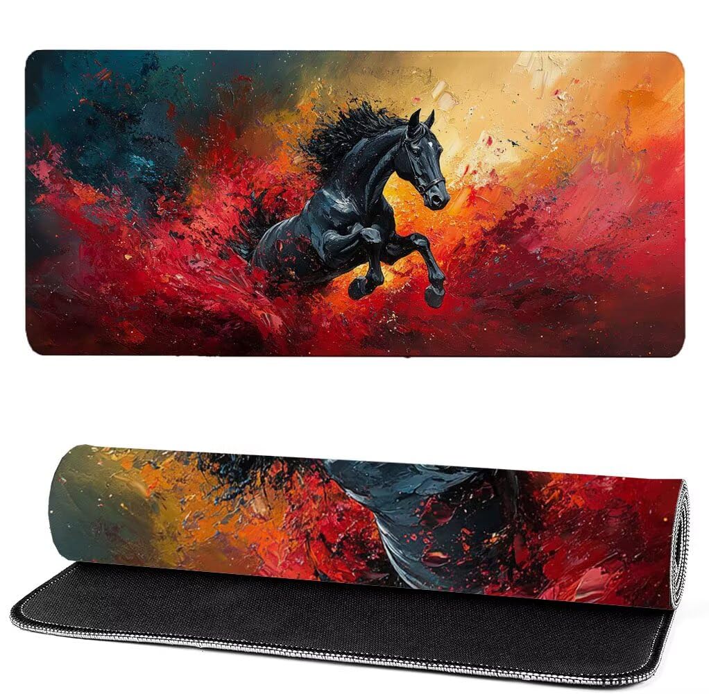Podkładka pod mysz XXL 1000x500x3mm koń, czarna podkładka pod mysz do gier, ulepszona precyzja i szybkość, podkładka pod mysz do gier antypoślizgowa gumowa podstawa, dekoracja biurka MM-389