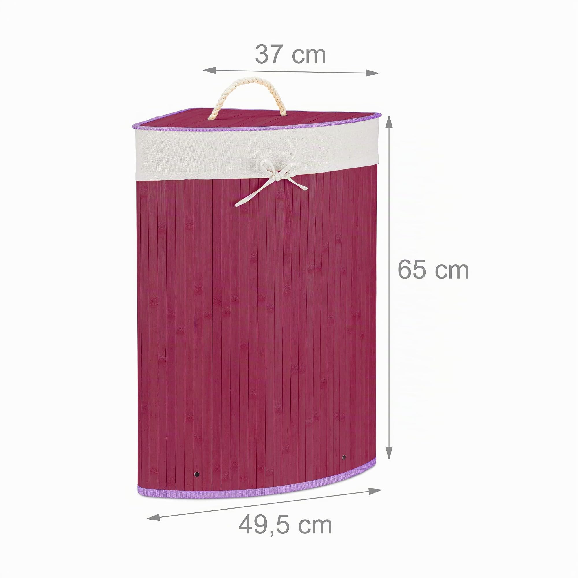 Relaxdays Eckwäschekorb Bambus, Faltbare Wäschebox 60 l, platzsparend, Wäschesack Baumwolle, 65 x 49,5 x 37 cm, violett