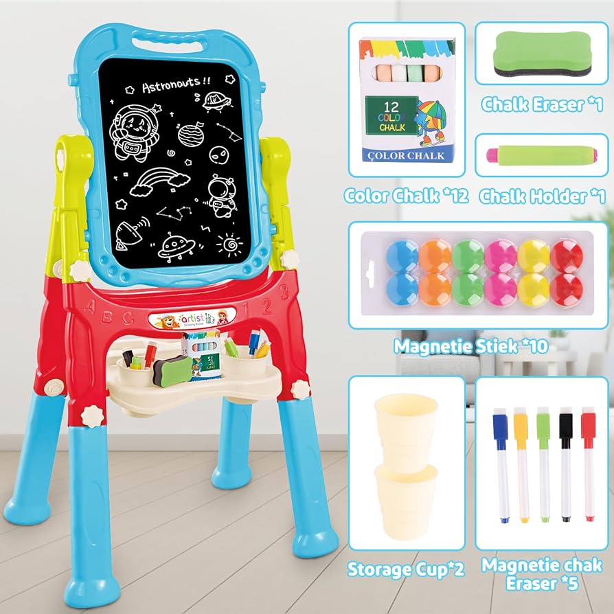Amazon.com: deAO Juguetes de caballete artístico para niños, 4 en 1, doble tablero de dibujo magnético, ajustable y giratorio, tiza para acera con accesorios de escritura de pintura, juguetes de caballete, :
