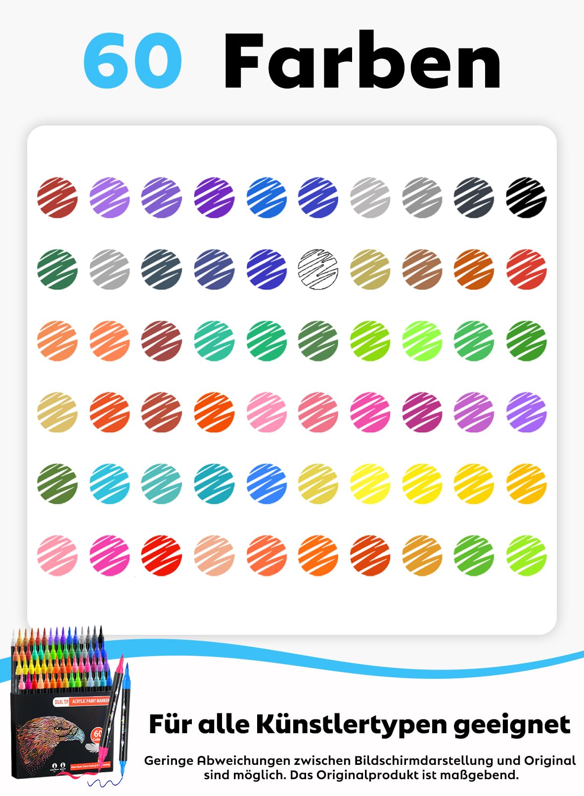 60 Farben Acrylstifte Set mit Doppelspitze Acrylmarker (Pinsel & Feine) | Vielseitig einsetzbar | Starke Deckkraft | Farbecht | Wasserfest | Acrylic Marker für Holz, Leinwand, Stein, Glas, Keramik