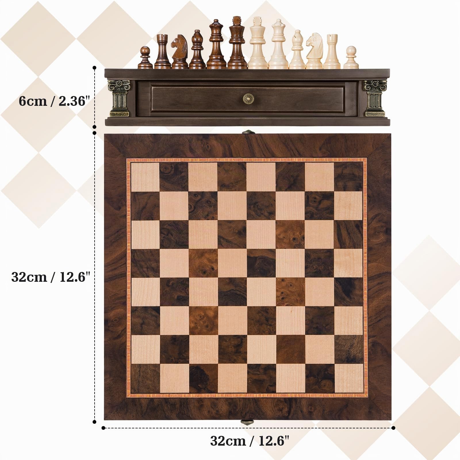 Peradix Jeu d'échecs magnétique 2 en 1 avec 2 tiroirs de rangement intégrés, jeux d'échecs classiques 2 en 1 avec 2 reines supplémentaires pour enfants et adultes, jeu d'échecs portable de voyage