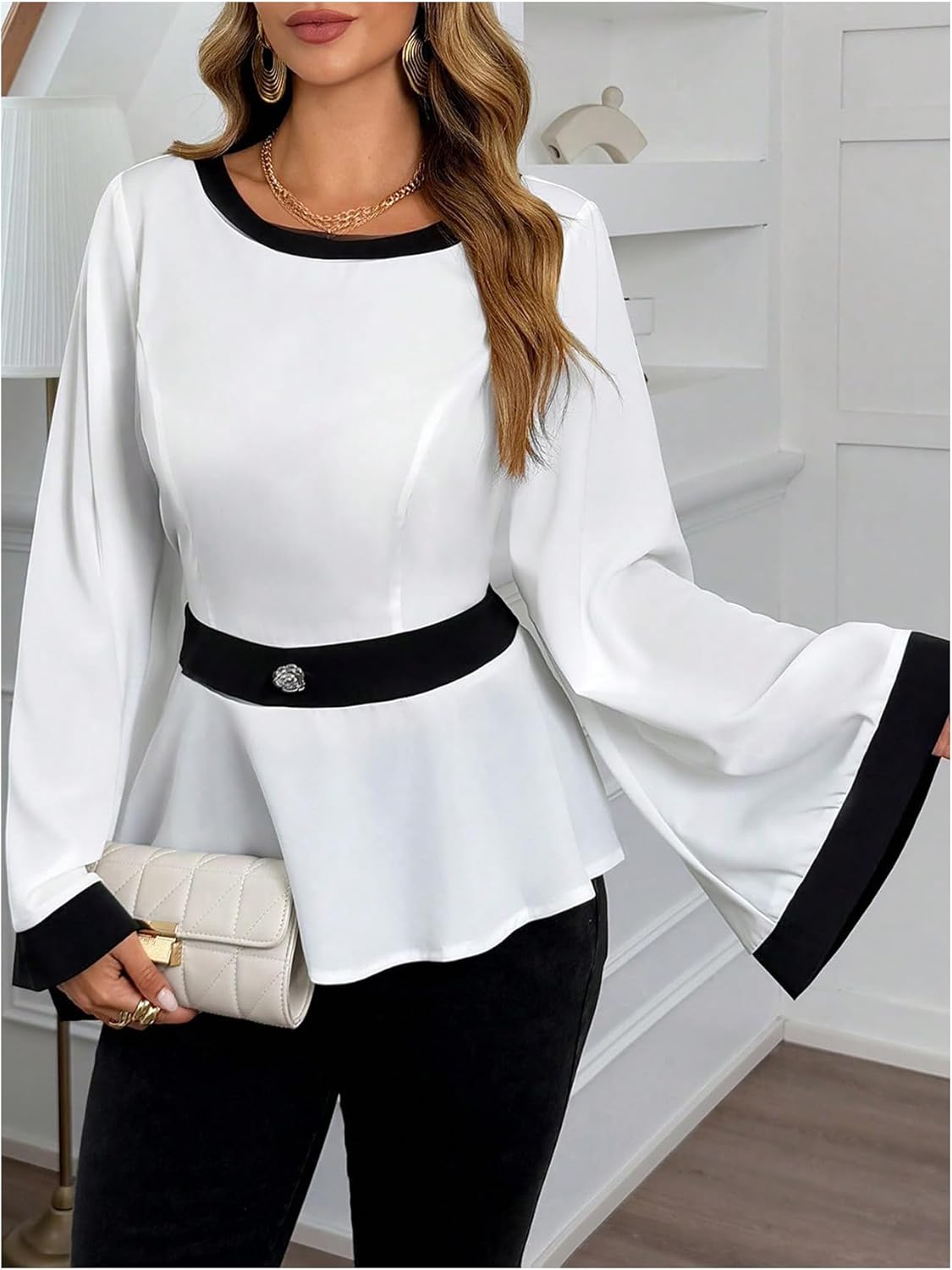 Floerns Women's Plus Size Color Block Peplum Shirts Button Crew Neck Bell Sleeve Blouse - Image 4