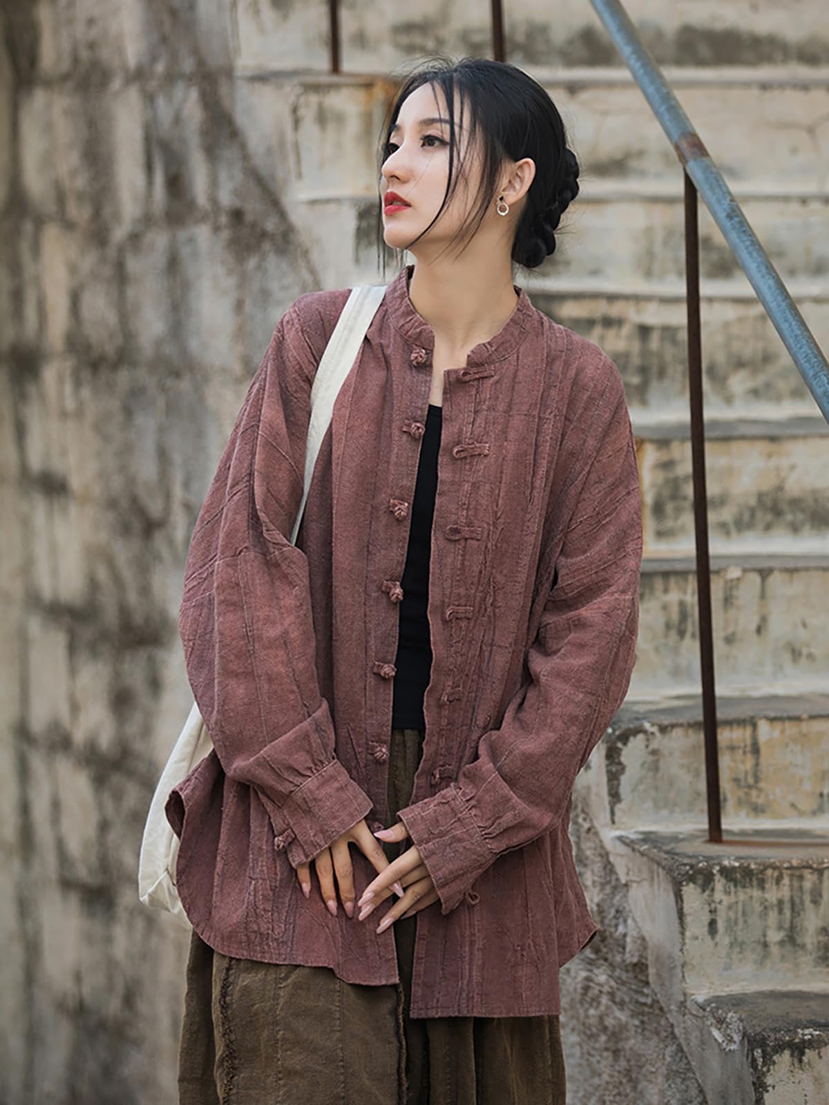 Camicie di lino da donna Camicette Oversize Kimono Vintage Giacche a maniche lunghe Vestibilità ampia Cinese Rana Pulsante Cape Trench Top