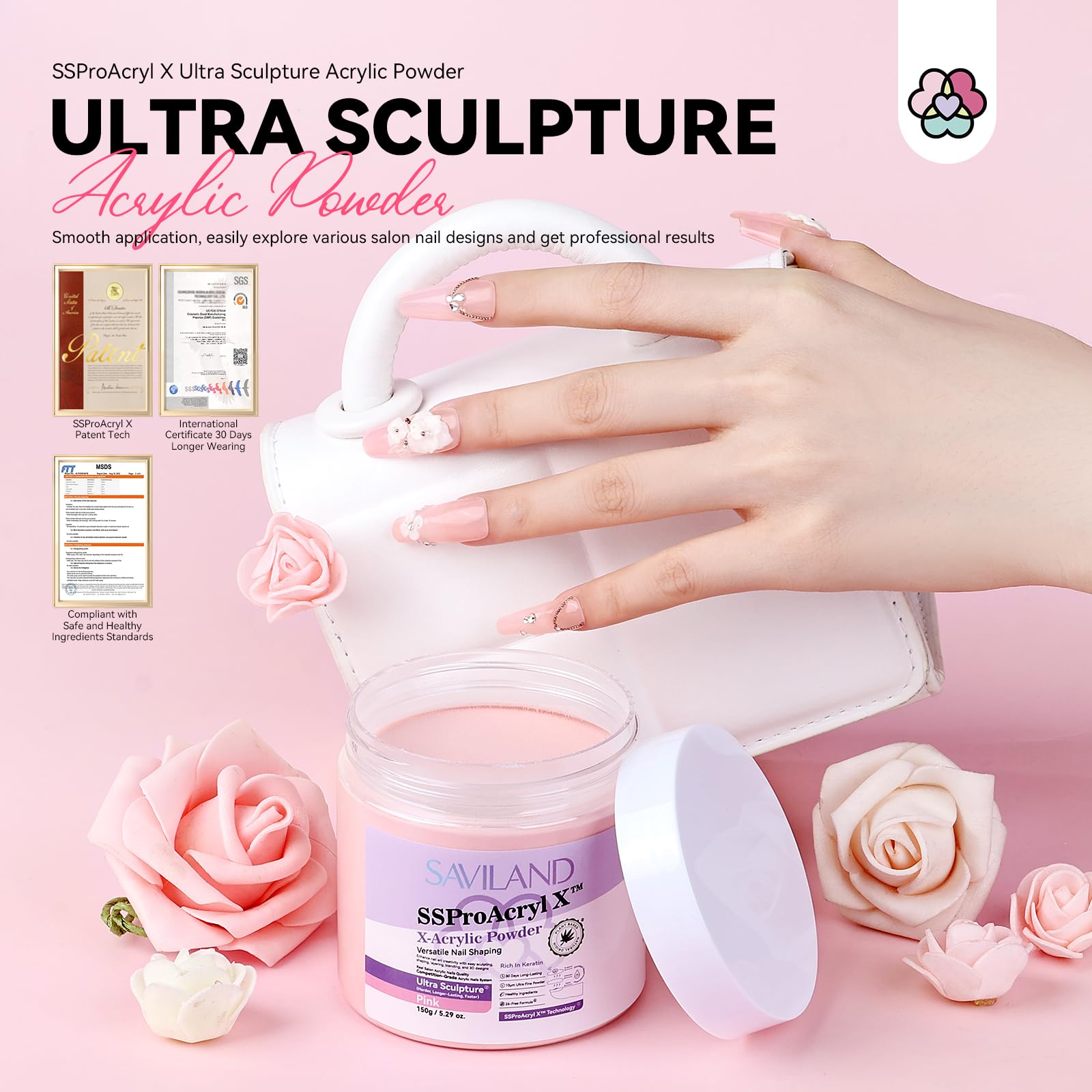 SAVILAND Pink Acrylic Powder Super-Hard: 5.29oz Keratin Acrylic Powder Smoother Acrylic Nail Powder Bubble Free Professional Nail Powder for Nail Extension & 3D Carving Acrylic Nail Kit Home Salon