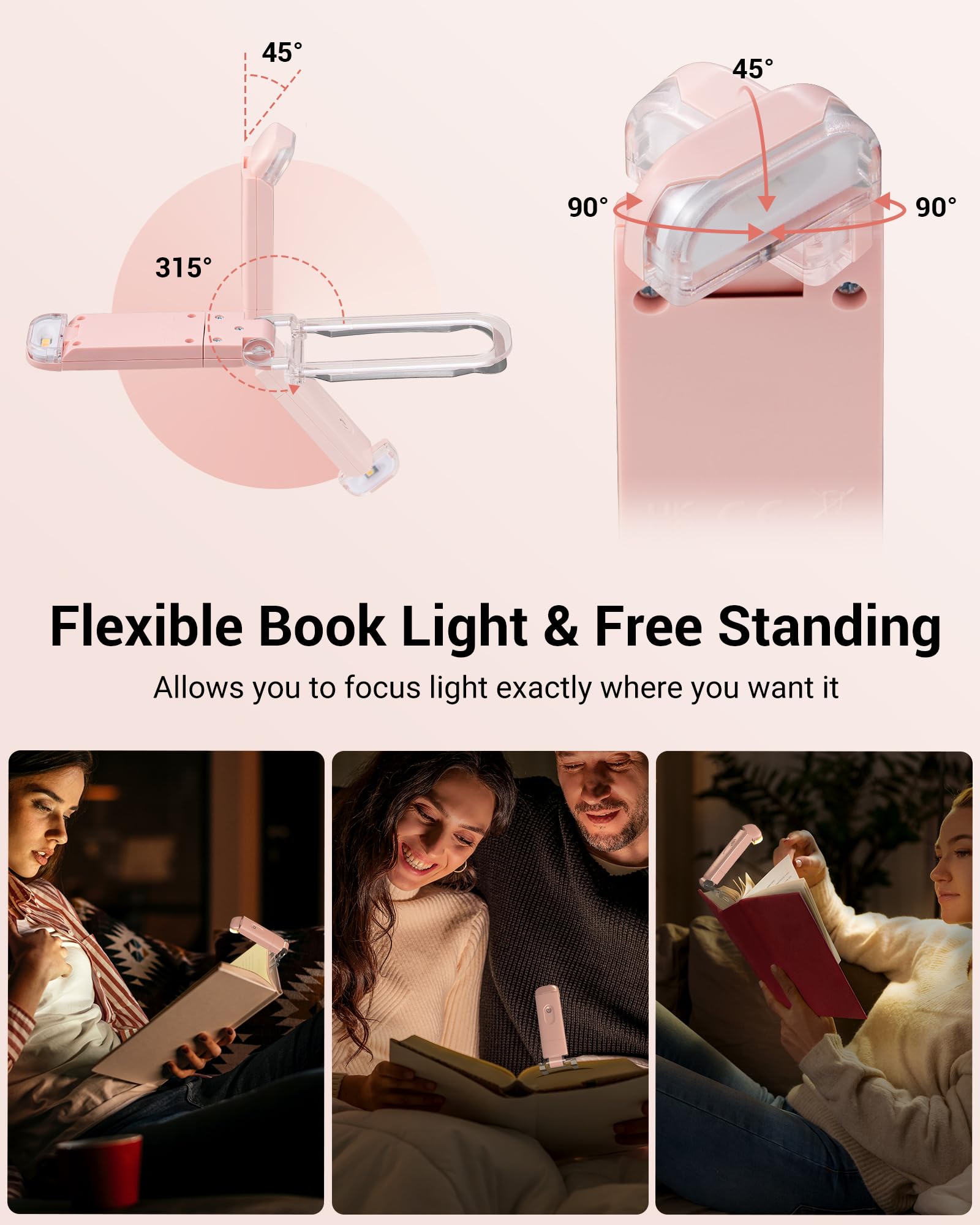 DEWENWILS Lampada da lettura con clip, ricaricabile tramite USB, colore: rosa | Bianco caldo, luminosità regolabile, angolo di illuminazione flessibile, segnalibro portatile per topi di biblioteca, bambini