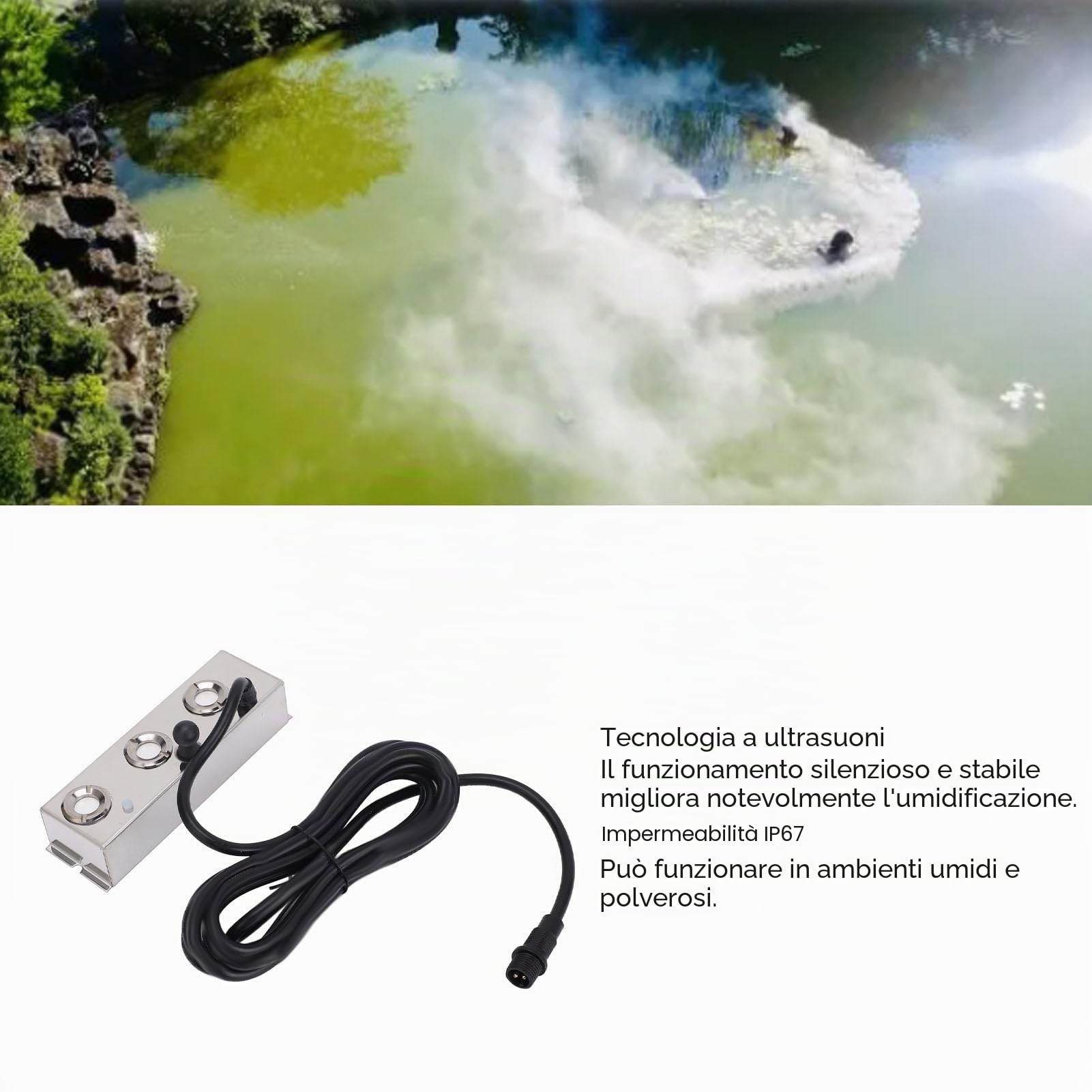 Jeffergarden Nebulizzatore a Ultrasuoni 36V con 3 Testine e Cavo 3 Metri, Generatore di Nebbia per Laghetto e Giardino, Portata 1500 ml/h