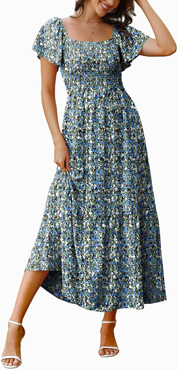 OFEEFAN Summer Dresses for Women Square Neck Ruffle Sleeve Smocked Maxi Dress with Pockets - Image 2