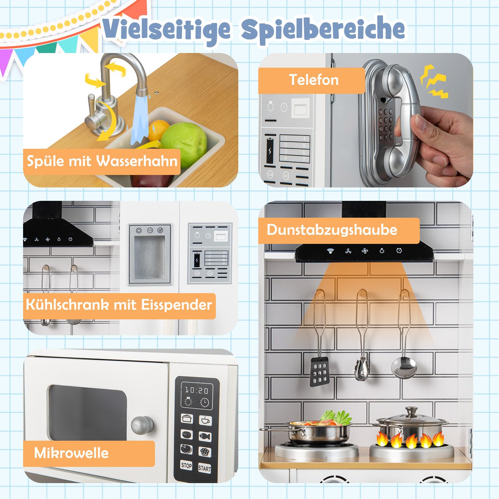 DREAMADE Kinderküche Holz, Kinder Küche mit Waschbecken Herd Backoffen Kühlschrank, Eckküche Spielzeugküche, Spielküche mit Zubehör für Kinder ab 3 Jahren (Luxus-Version)