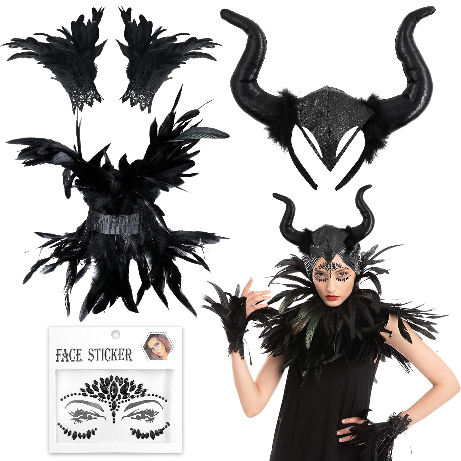 Huahuanghui Disfraz Malefica Mujer, Negro Chal de Plumas, Góticos Puños de Plumas y Cuernos de Diablo, Conjunto de Capa de Plumas Negras, Plumas Negras Disfraz, para Halloween Carnaval Cosplay