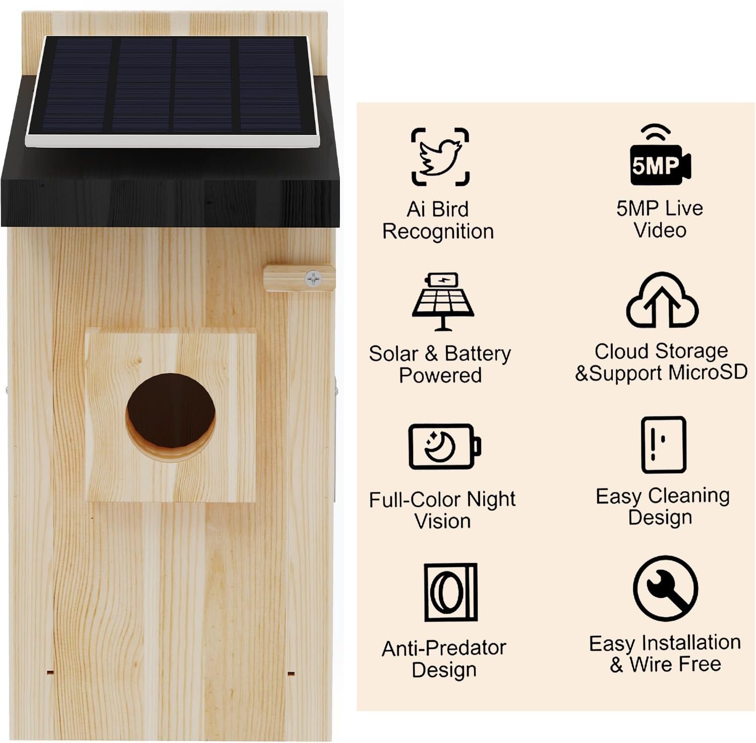 Smart Bird House with 5MP HD Camera, Solar-Powered & Night Vision - IP66 Weatherproof, App-Controlled Bird Watching for Bird Enthusiasts
