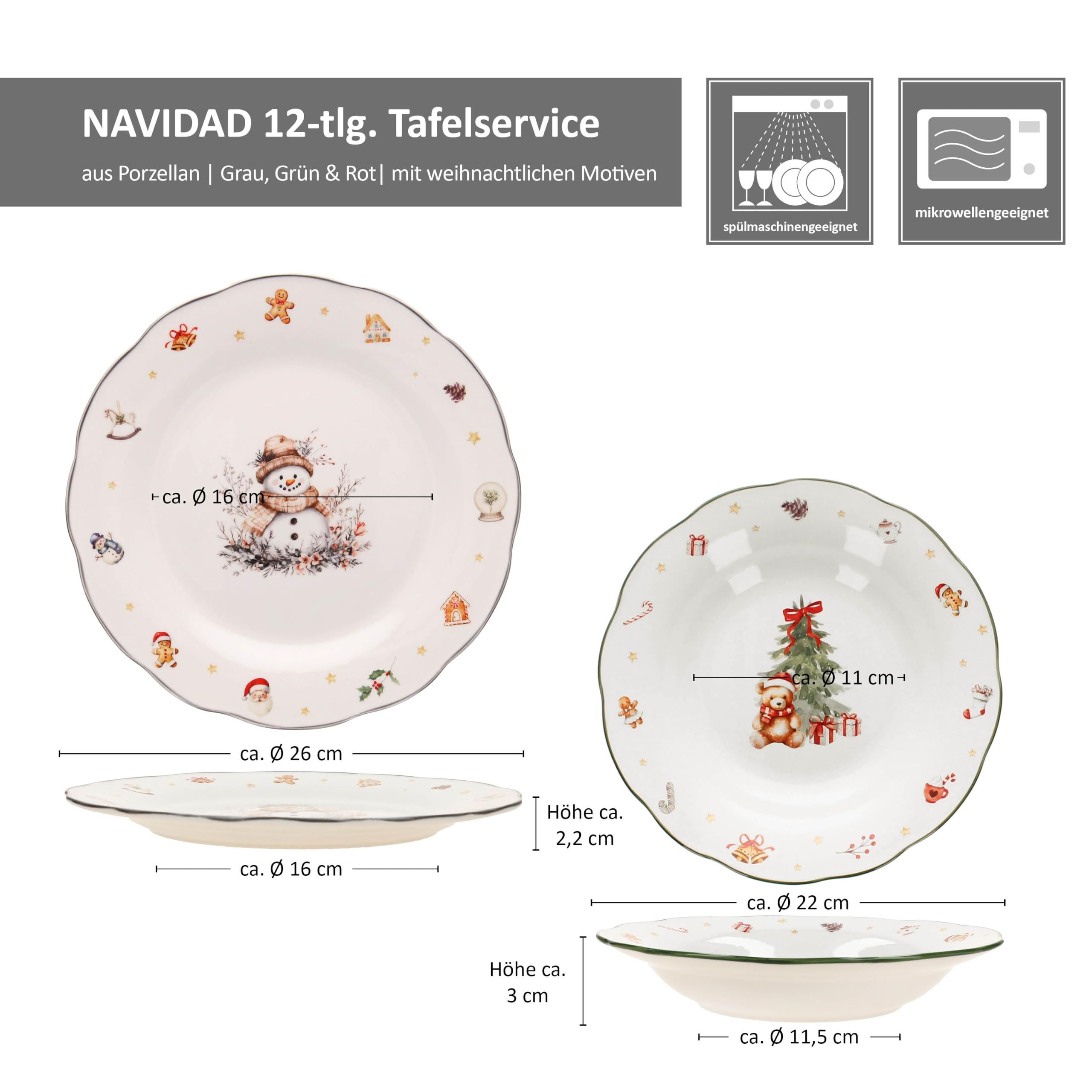 MamboCat 12tlg Tafelservice Navidad Speiseteller Suppenteller Weihnachten