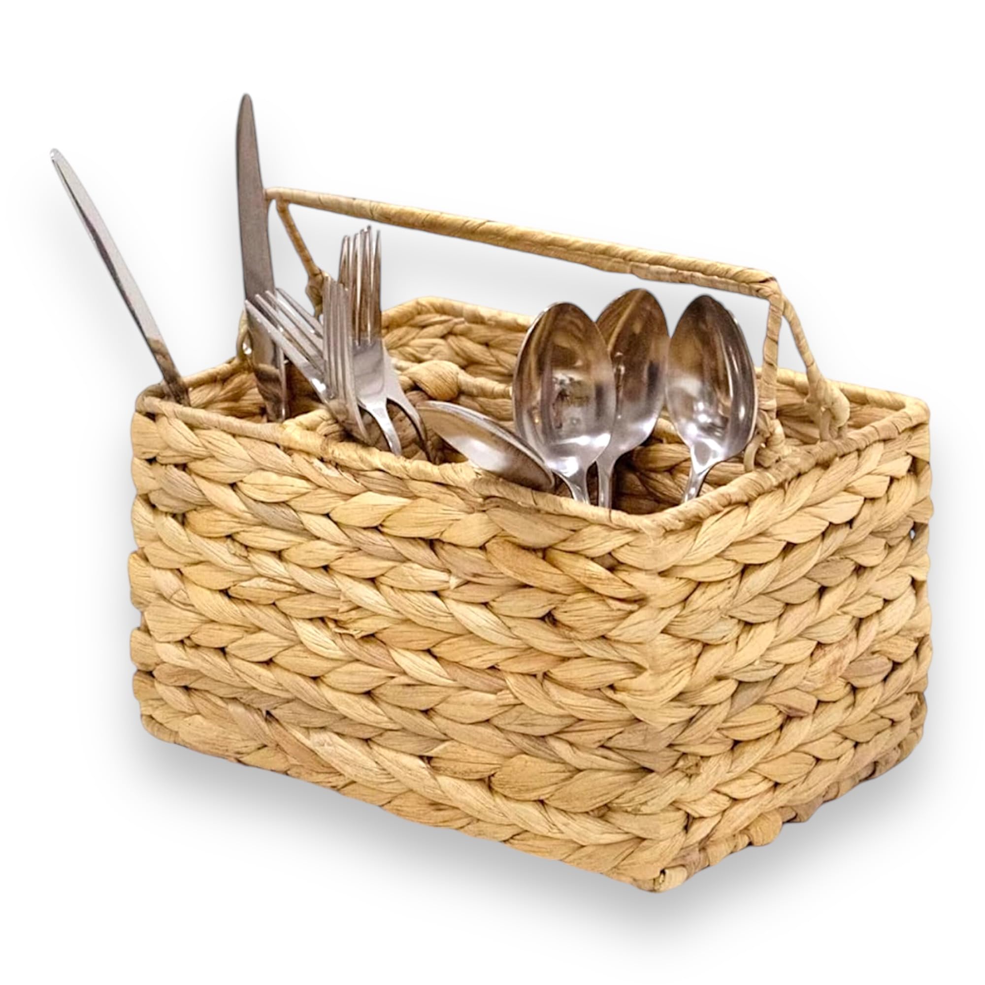 Large Wicker Utensil Caddy Carrier | Water hyacinth Woven Condiment Holder for Table - Kitchen Set Counter Top Organizer - Rustic Small Storage for Dinner Set, Wine