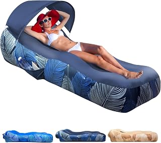 Inflatable Lounger Air Sofa with Sun Shade Cover Waterproof Inflatable Couch Chair for Camping Beach Hiking Backyard, Easy to Set Up Inflatable Couch (Navy Blue)