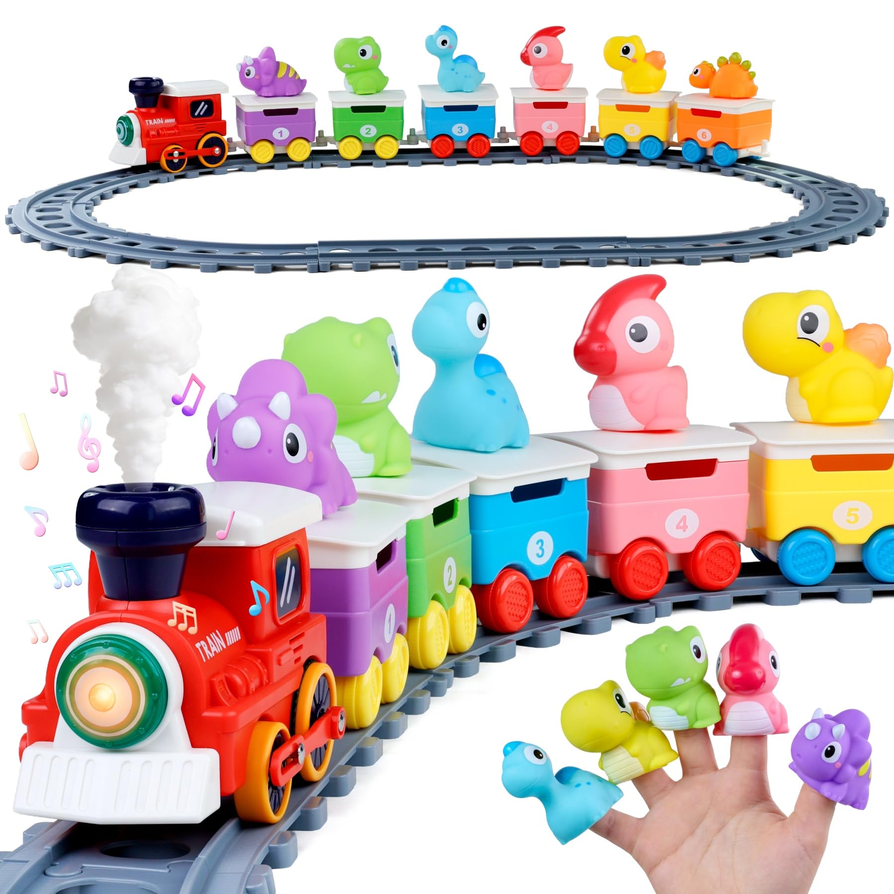 Tren con Vías, Luces y Efecto Vapor, Marionetas de Dedo Dinosaurio, Juguetes Montessori Sensoriales, Juego Educativo para Niños de 2 Años, Regalo 1-3 Años