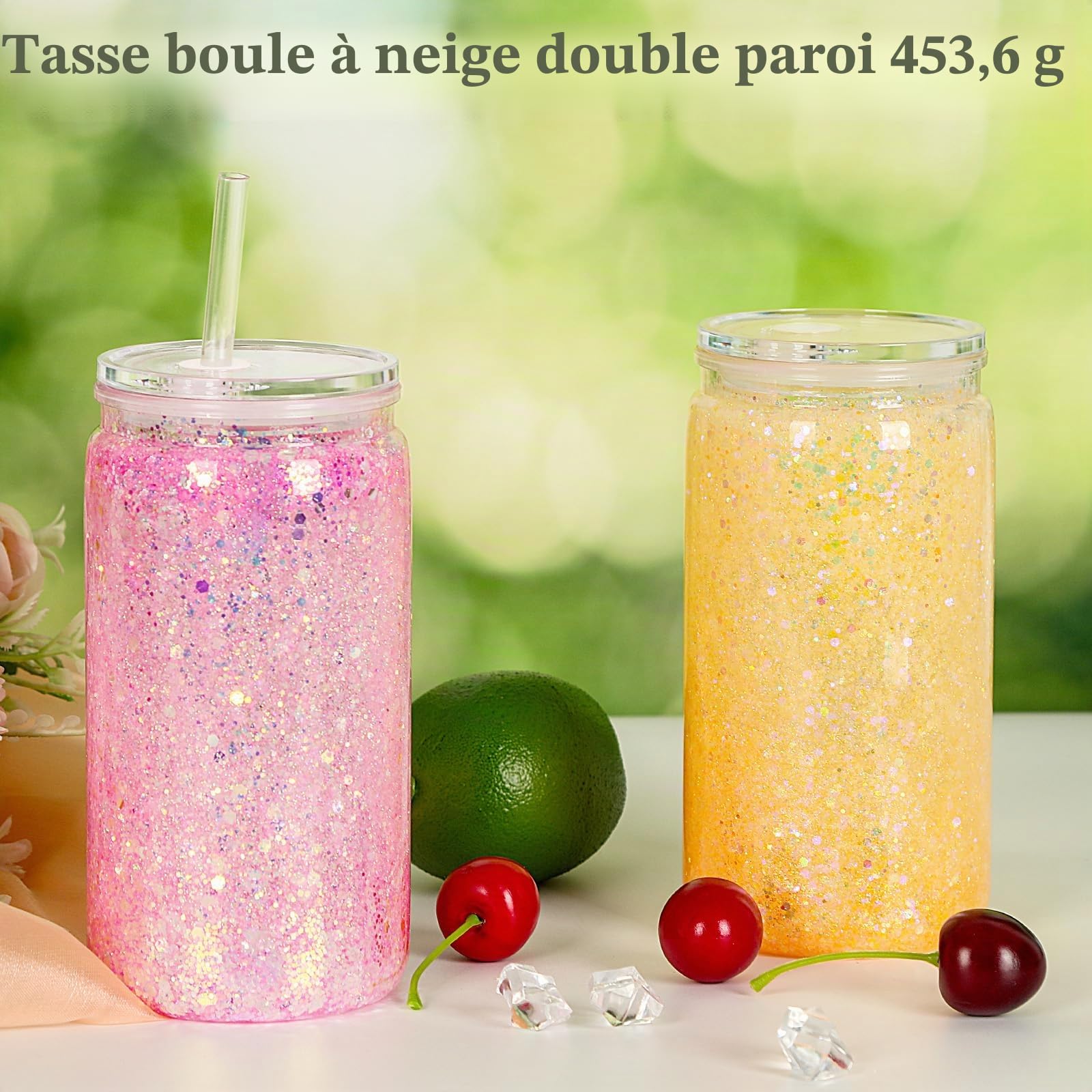 Lot de 6 gobelets en plastique pré-percés à double paroi avec couvercle et paille - 473 ml - Pour boule à neige à paillettes - Cadeau de bricolage (transparent)