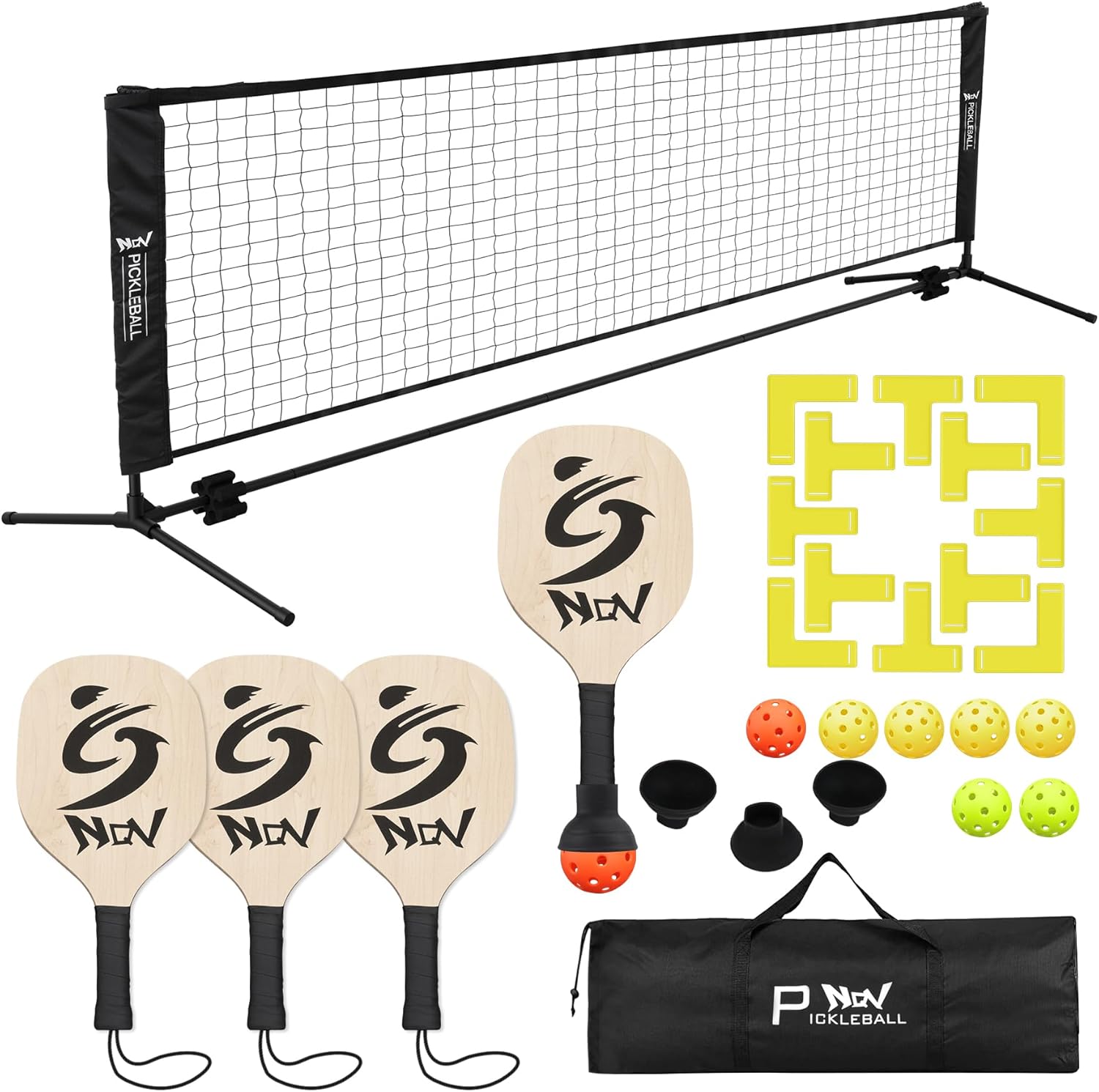 NQV Pickleball Set with Net-10FT Half Court Size Pickleball Net+Wood Pickleball Paddles+Pickle Balls+Ball Retrievers+Pickleball Court Marking Kit, Portable Driveway Outdoor Indoor for Beginners Pros