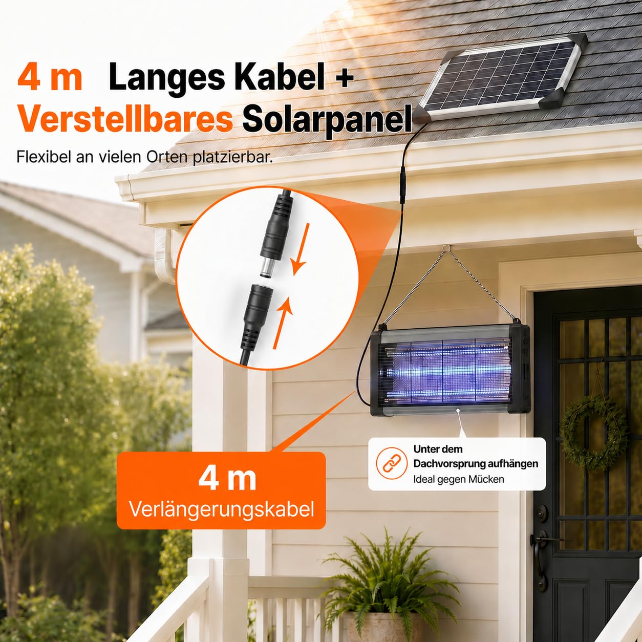 OGERY Solar-Insektenvernichter für Außen, 3000 V Mückenfalle, 3 UV-Röhren, 6000 mAh Akku, per USB wiederaufladbar, IPX4, Dämmerungssensor, 4 m Kabel und Erdspieß für Garten, Terrasse, Camping