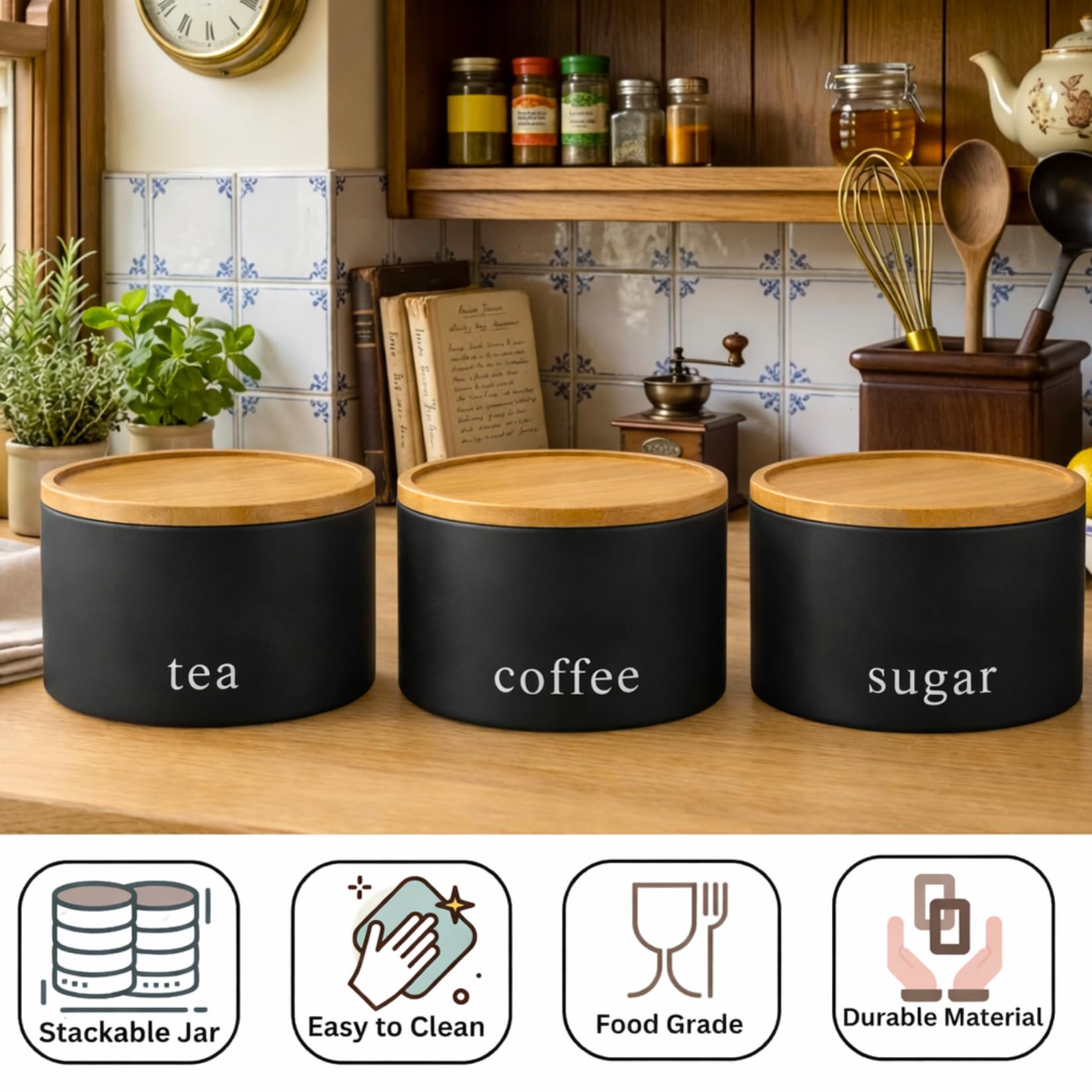 CoorFomer - Barattoli In Ceramica Neri Con Coperchi Ermetici In Legno, Set Da 3 Pezzi