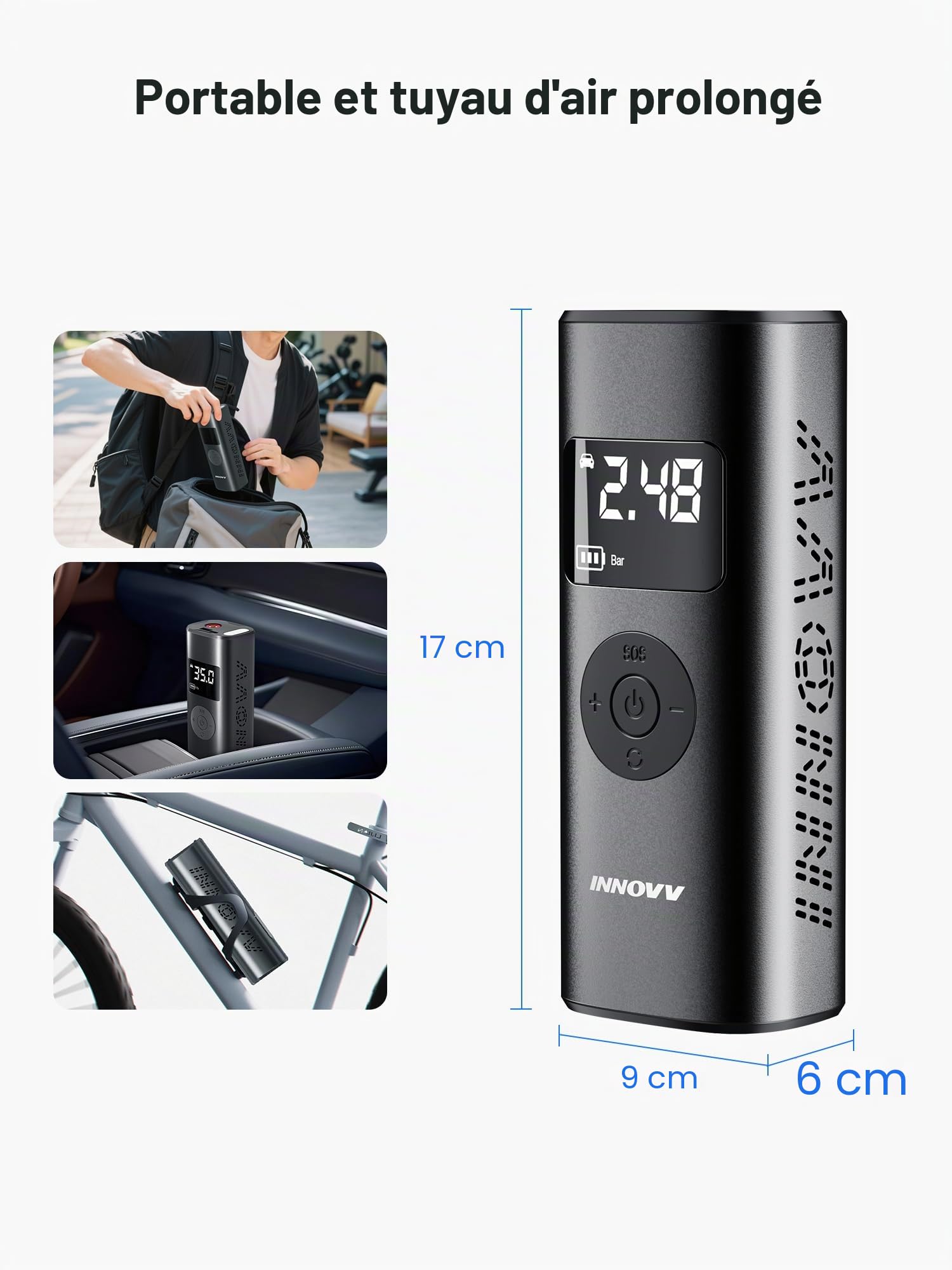 INNOVV P1 Gonfleur de pneu Compresseur d'air, pompe à vélo électrique portable avec manomètre numérique et lumières d'urgence, 150 psi, rechargeable pour voiture, vélo, moto, ballon