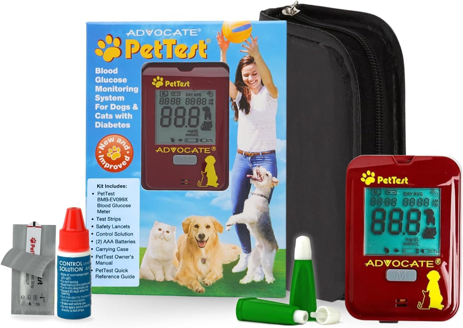 PetTest Beginner Glucose Monitoring Kit for Dogs & Cats, Diabetic Pet Blood Sugar Check Gear, Includes Classic Meter, 25 Test Strips, 25 Safety Lancets, Soft Carrying Case, and More