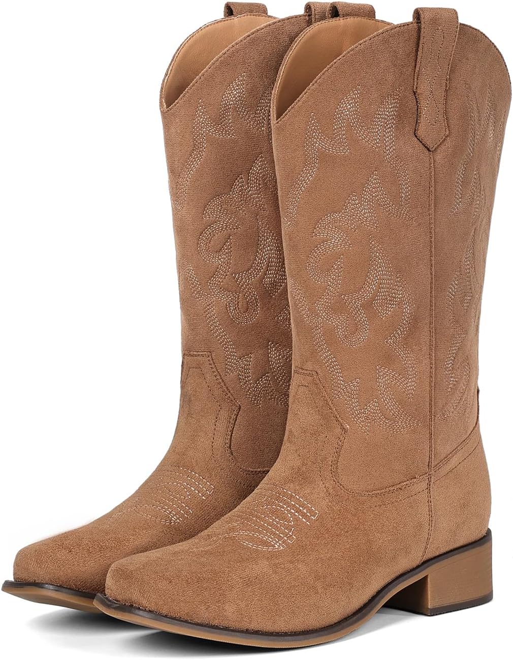 IUV Cowboy Boots For Women Square Toe Suede Mid Calf Western Cowgirl Boots with Chunky Heel