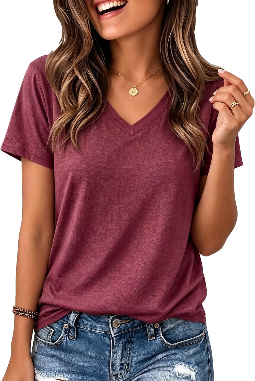 MIMOORN Women's V-Neck T-Shirts Short Sleeve Summer Tops Casual Basic Tees