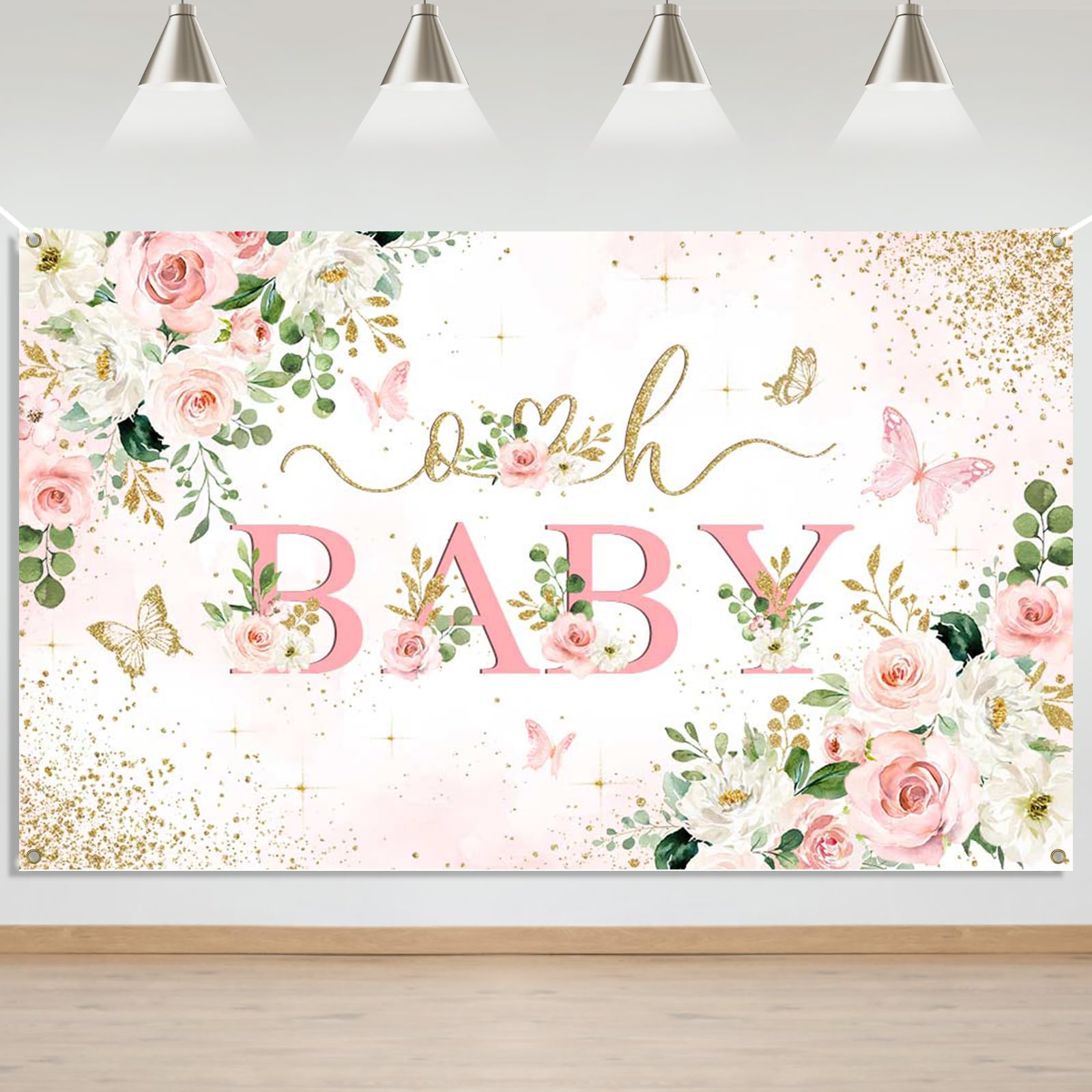 Mocsicka Girl Baby Shower Backdrop Banner Pink Floral Decorations for Girls Oh Baby Butterfly Photo Booth Props Background 70.8x43.3 inch
