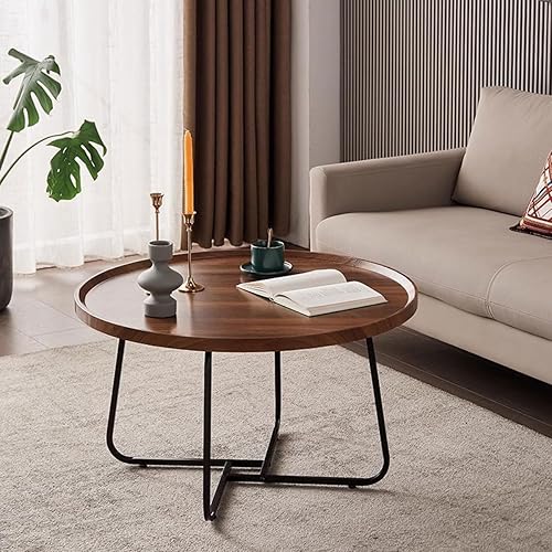 Round Coffee Tables Living Room Set of 2, Nesting Walnut Coffee Table with Fluted, End Tables for Bedroom Office Balcony Yard (28" Round Walnut)