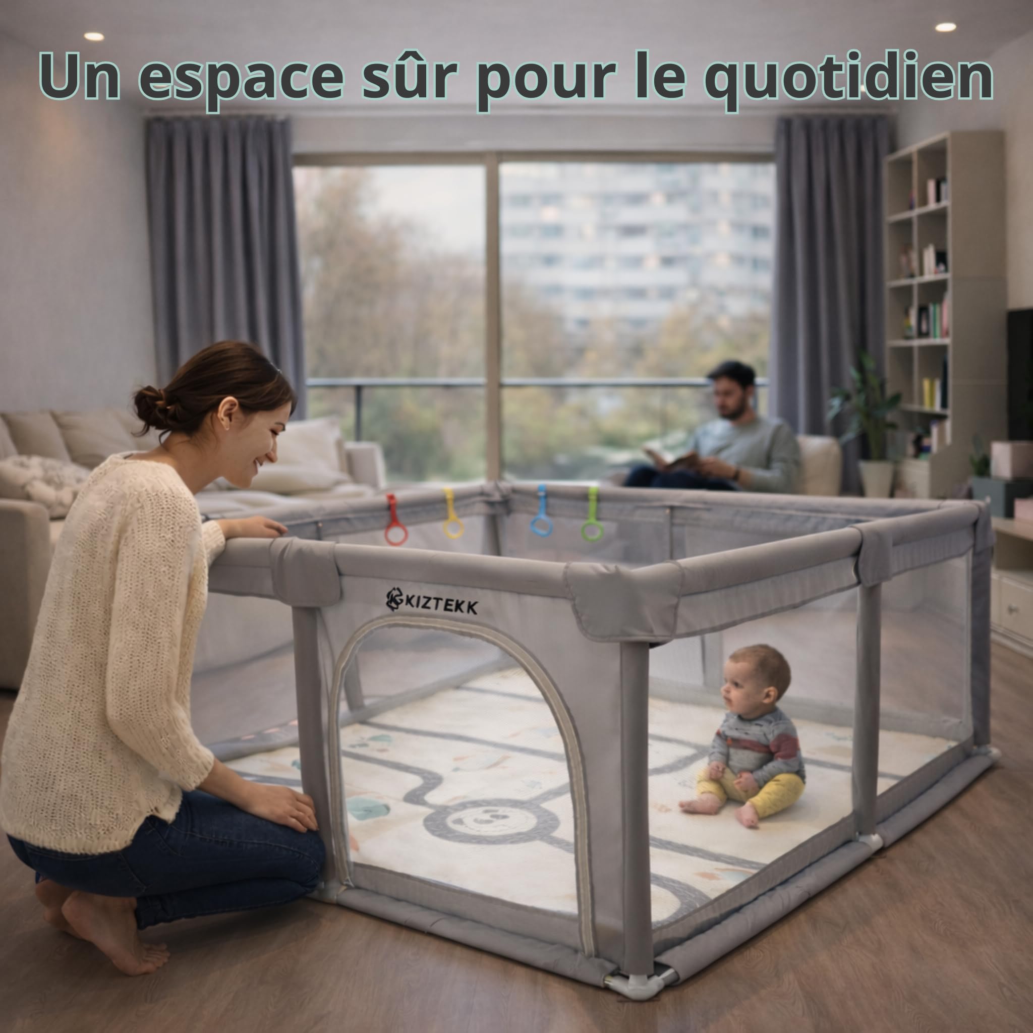 Parc Bebe 150x150 cm - Parc Bebe avec Tapis de Sol Pliable - Grand Espace Sécurisé - Protection Renforcée - Visibilité 360° - 2 Sacs de Rangement Inclus - 4 Anneaux de Soutien