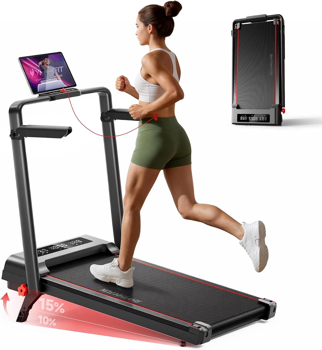 RHYTHM FUN Walking Pad Treadmill with Incline, Foldable Walking Pad with Handle Bar, Compact Walking Treadmill with Low Noise for 300 lbs Weight Capacity Home Office Use