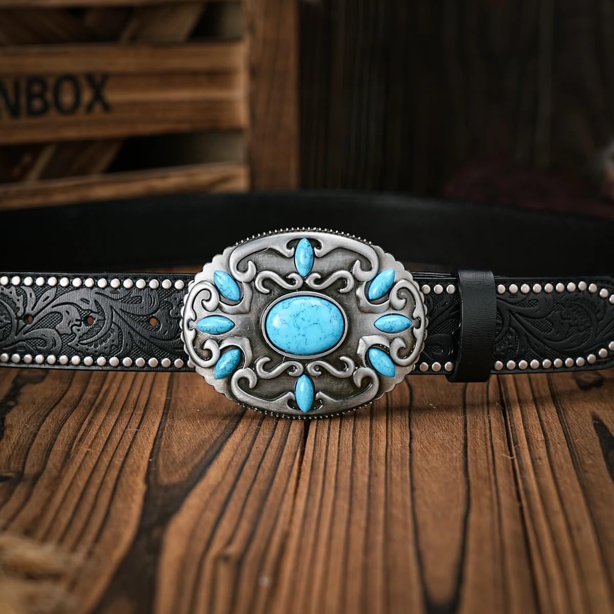Cintura turchese western da donna e uomo, fibbia in finta pietra, lavorazione floreale, cinturino in pelle PU for jeans