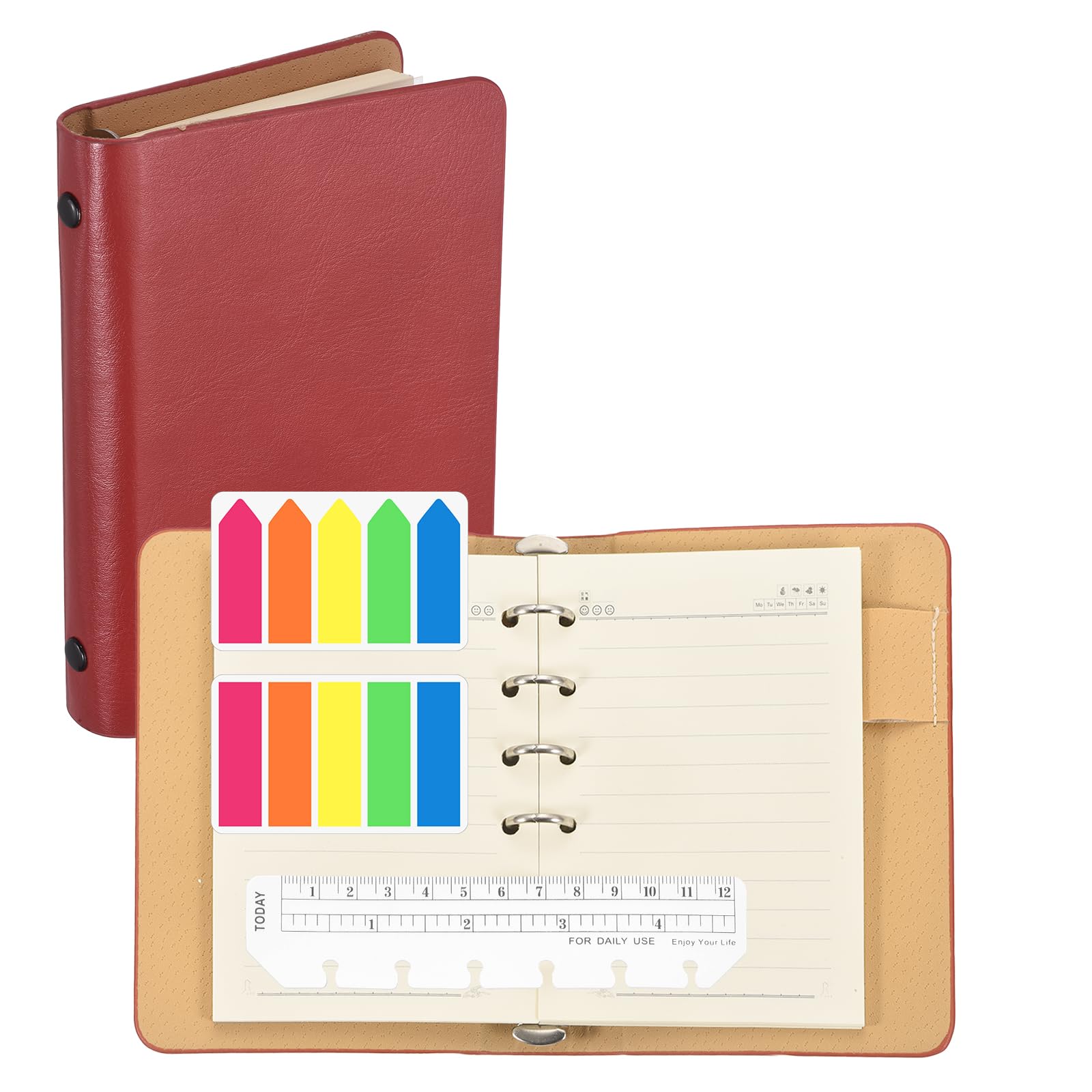 PATIKIL A6 Lined Pages 6 Ring Binder, Leather Notebook with Transparent Bookmark Ruler and Colorful Index Sticky Tabs for Office Study Work, Red