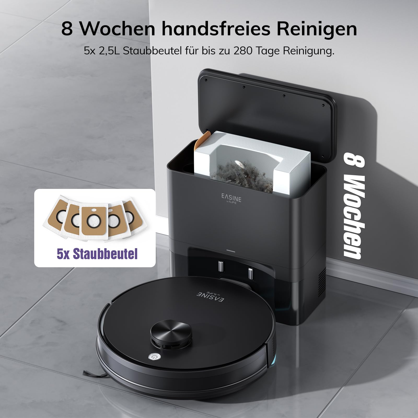 Saugroboter mit Wischfunktion, Automatische Absaugstation, Lasernavigation, No-Go-Zonen, 5000Pa, 5* 2.5L Staubbeutel,180Mins, App, Staubsauger Roboter Für Hartböden, Teppiche und Tierhaare, S20