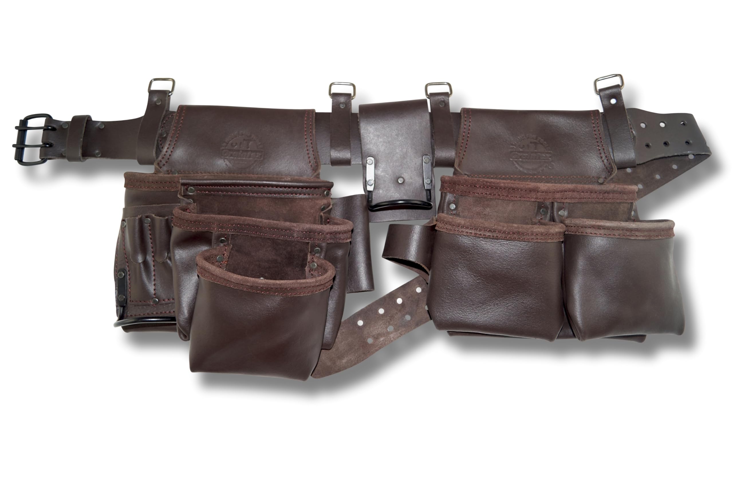 Graintex 13 Pocket Framers Tool Belt, 4 Pc Combo Industrial Grade Leather Tool Pouch, 2” Leather Belt & Hammer Holder, Bags for Drywall Tools, Electricians, Plumbers