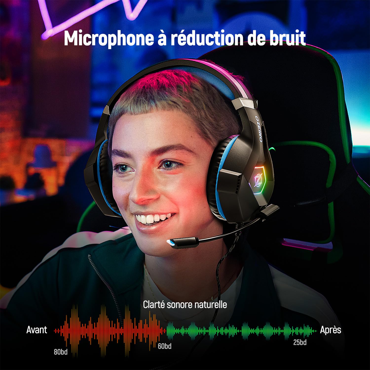 Ozeino Casque Gaming pour Ps5 PC Ps4, Casque Gamer pour Micro RGB 7 Couleurs Transducteurs 50mm Stéréo Basse Micro Anti-Bruit Réglable Compatible avec Switch Xbox Series X & S-Bleu Noir